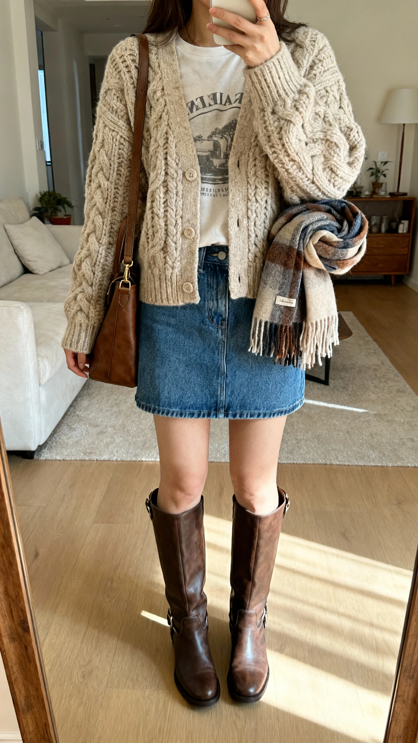 iPhone mirror selfie of a woman wearing a chunky oatmeal cardigan over a tee, blue denim mini skirt, knee-high leather boots, and a cozy scarf tucked in her bag, face not visible, cropped at shoulders, living-room mirror, soft morning light, iPhone photo quality.