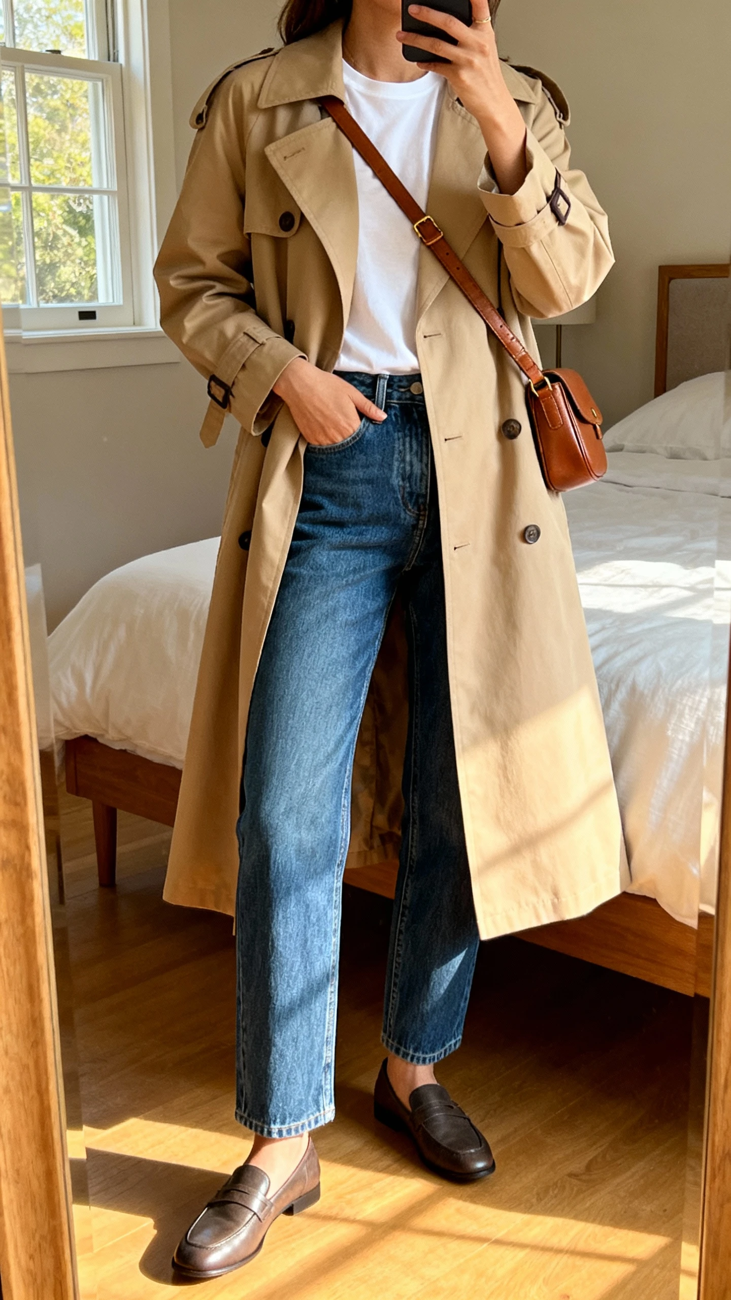iPhone mirror selfie of a woman wearing a classic beige trench coat over a white tee, straight-leg blue denim jeans, loafers, and a leather crossbody, face not visible, cropped at neck, bedroom mirror, morning window light, iPhone photo quality.