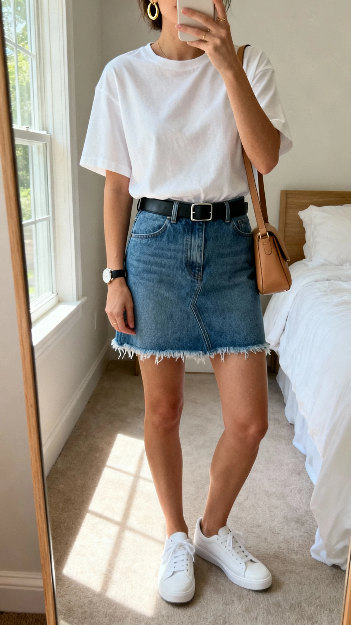 iPhone mirror selfie of a woman wearing a classic white crewneck T-shirt (slightly boxy), high-waisted blue denim mini skirt with raw hem, white low-top sneakers, black leather belt with minimal buckle, tan crossbody bag, gold hoop earrings, and a simple watch, face not visible, cropped at neck, bedroom mirror, natural window light, iPhone photo quality.