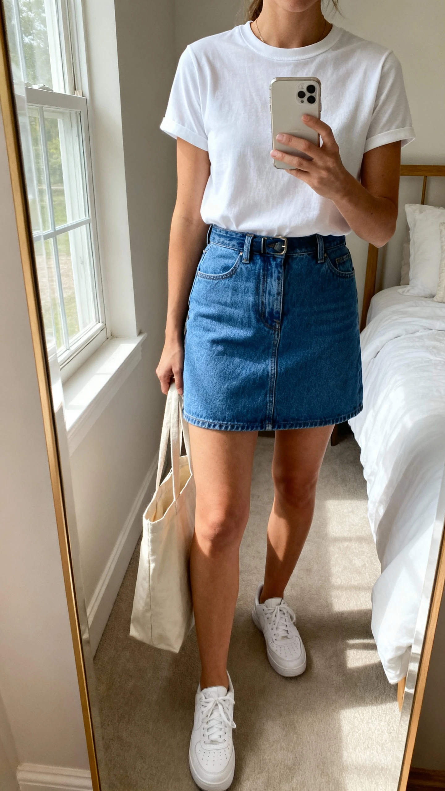 iPhone mirror selfie of a woman wearing a classic white crewneck tee tucked into a blue denim mini skirt with white sneakers and a simple tote, face not visible, cropped at neck, bedroom mirror, natural window light, iPhone photo quality.