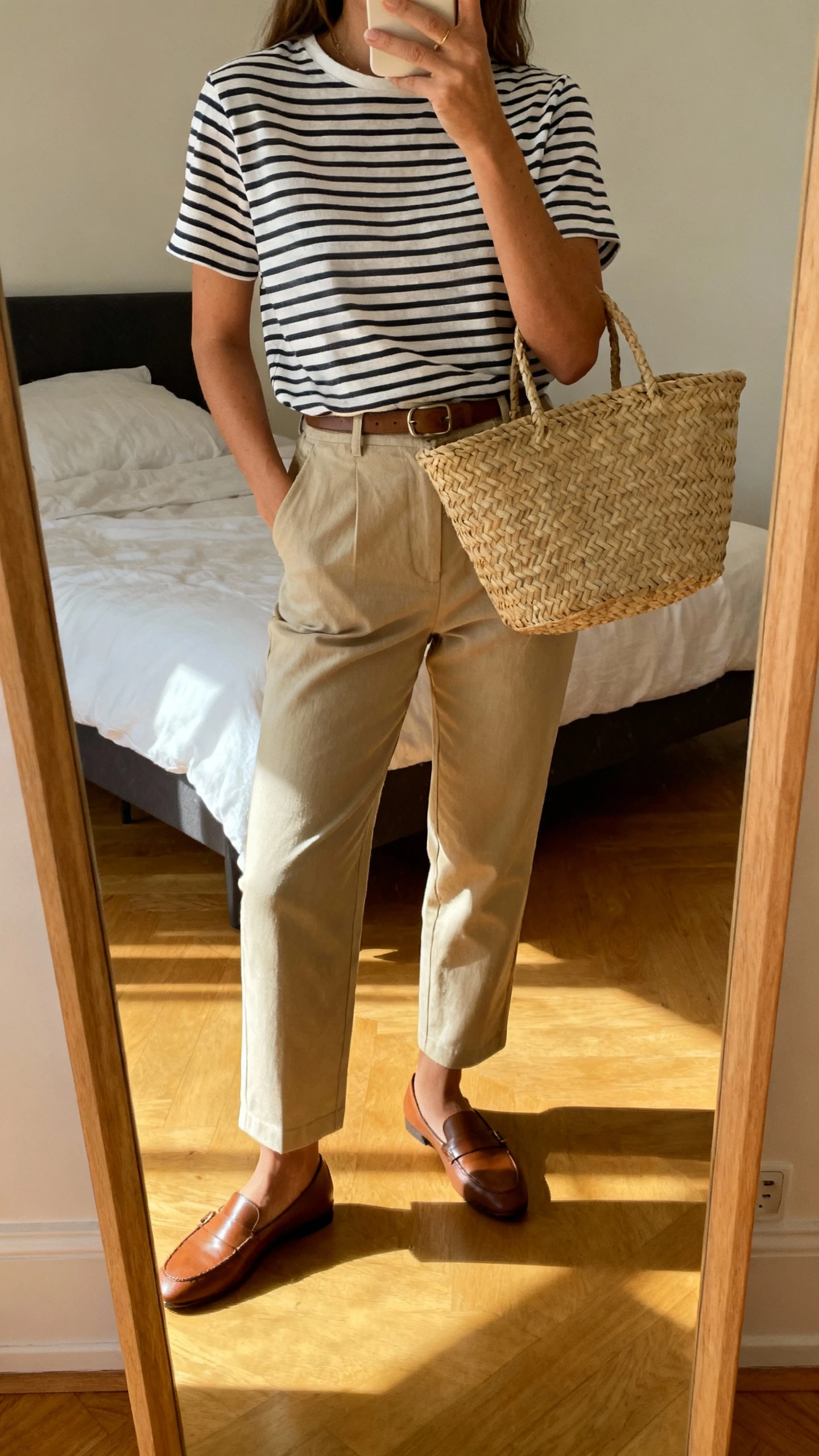 iPhone mirror selfie of a woman wearing a classic striped tee tucked into straight chinos with loafers and a woven basket bag, face not visible, cropped at shoulders, bedroom mirror, morning light, iPhone photo quality.