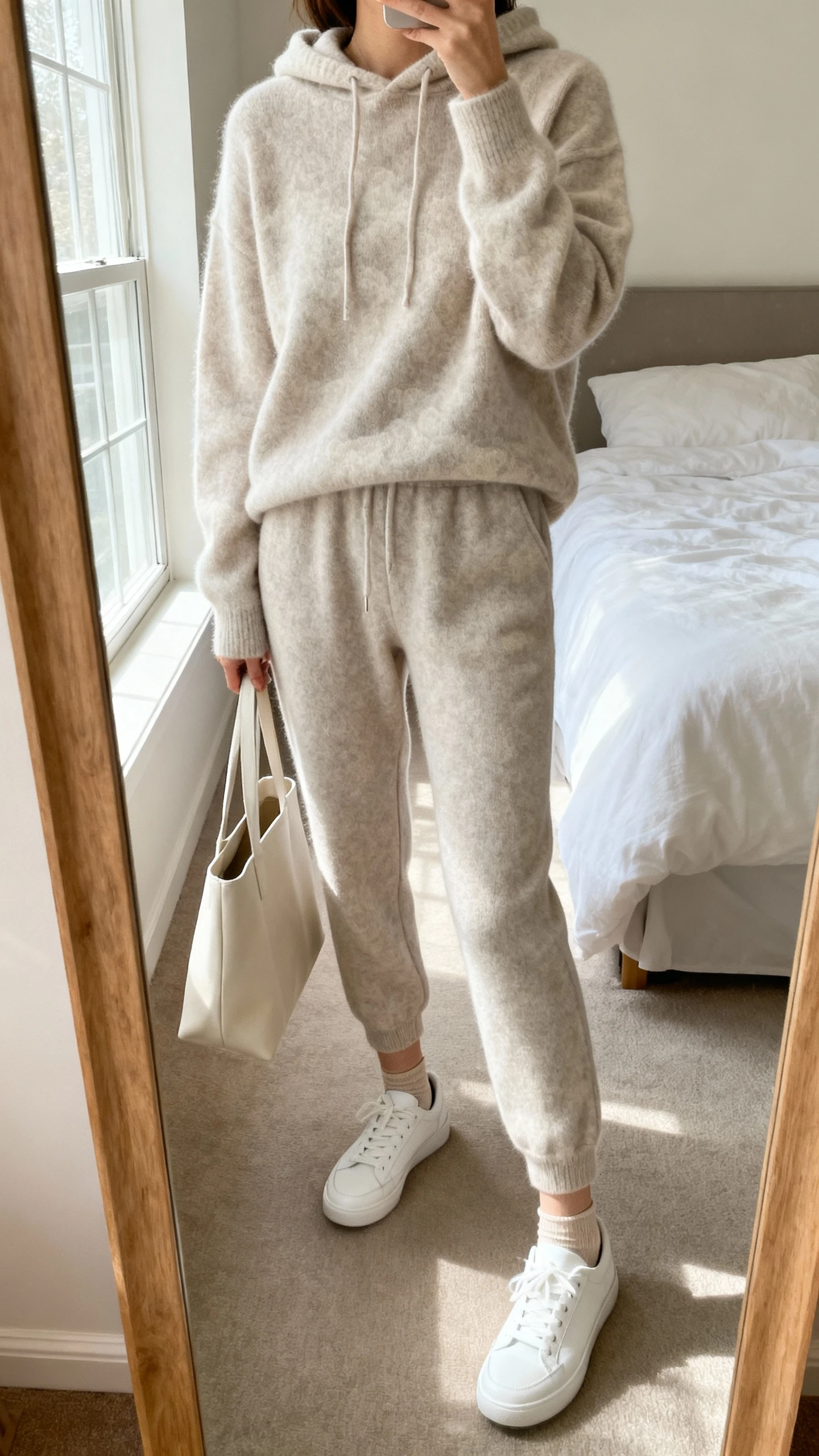 iPhone mirror selfie of a woman wearing a cloud-soft cashmere hoodie with matching cashmere jogger-style leggings, white low-top sneakers, minimalist tote, and thin socks, face not visible, cropped at neck, bedroom mirror, morning window light, iPhone photo quality.