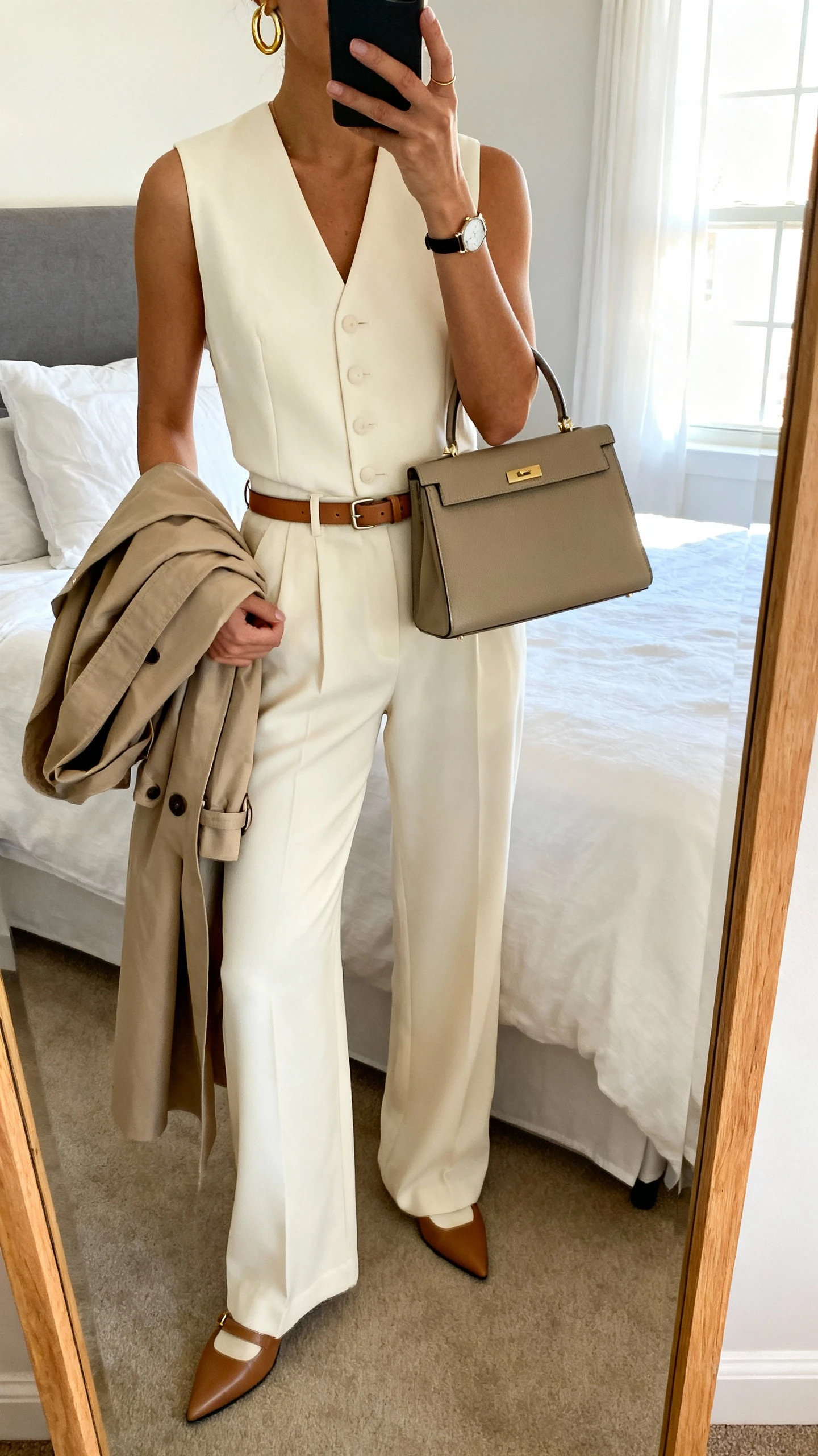 iPhone mirror selfie of a woman wearing a cream tailored vest with matching high-waisted wide-leg trousers, pointed-toe loafers, thin leather belt with subtle hardware, structured top-handle bag, gold hoop earrings, slim watch, and a lightweight trench draped over arm; face not visible, cropped at neck, bedroom mirror, morning window light, iPhone photo quality.