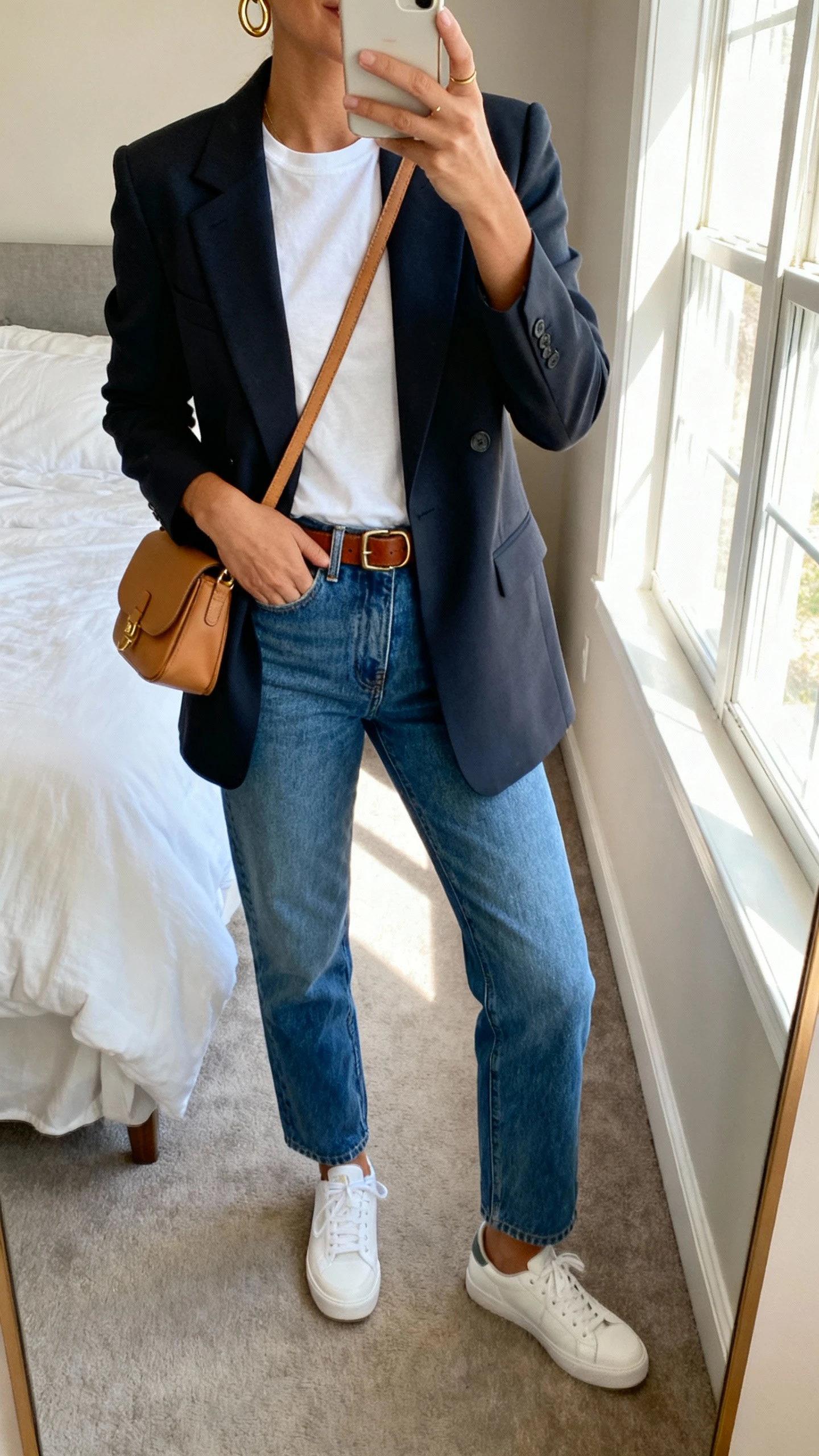 iPhone mirror selfie of a woman wearing a crisp tailored blazer over a white tee, straight-leg blue jeans, leather belt, white sneakers, minimal gold hoops, crossbody bag in tan, face not visible, cropped at neck, bedroom mirror with natural window light, iPhone photo quality.
