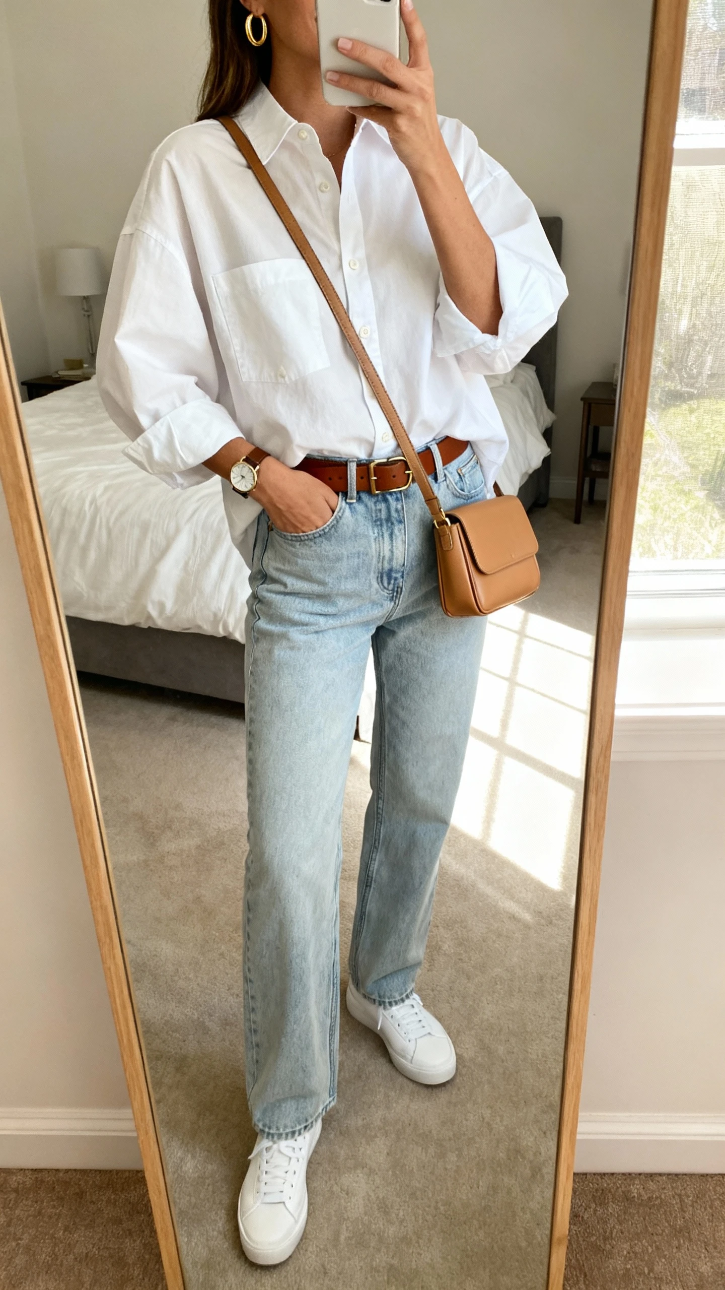 iPhone mirror selfie of a woman wearing a crisp white oversized button-down, relaxed straight-leg light-wash jeans, minimal white sneakers, brown leather belt, gold hoop earrings, simple watch, and a structured tan crossbody; face not visible, cropped at neck, bedroom mirror with morning window light, iPhone photo quality.