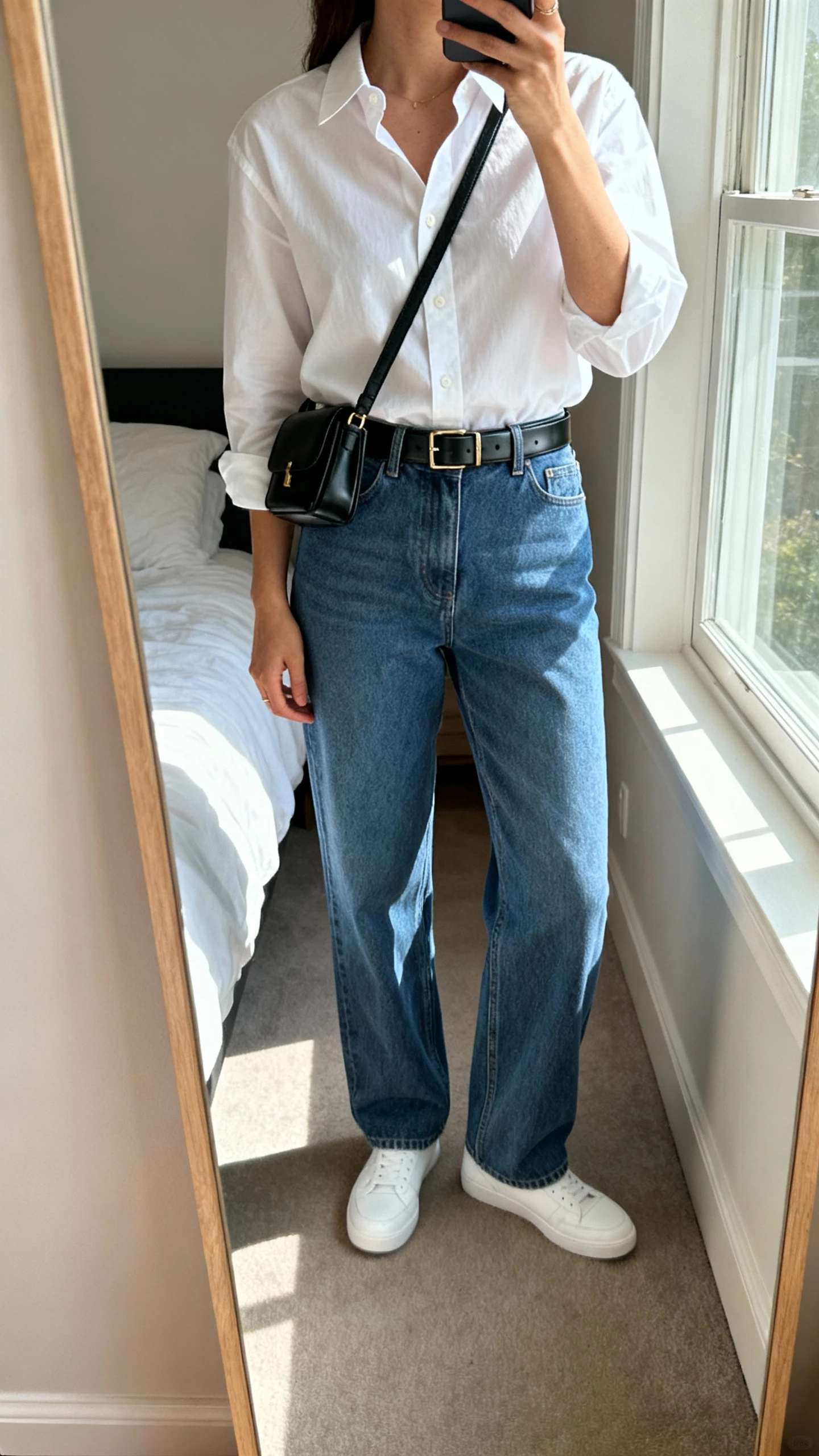 iPhone mirror selfie of a woman wearing a crisp white button-up shirt tucked into relaxed straight-leg blue jeans, sleek leather belt, minimalist white sneakers, small black crossbody bag, face not visible, cropped at neck, bedroom mirror with natural window light, iPhone photo quality.