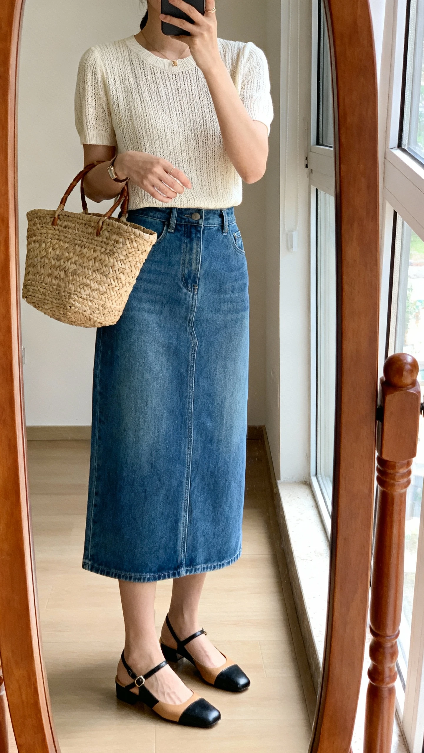 iPhone mirror selfie of a woman wearing a denim midi skirt with a polished short-sleeve knit top, slingback flats, and a woven basket bag, face not visible, cropped at neck, full-length mirror by window, natural light, iPhone photo quality.