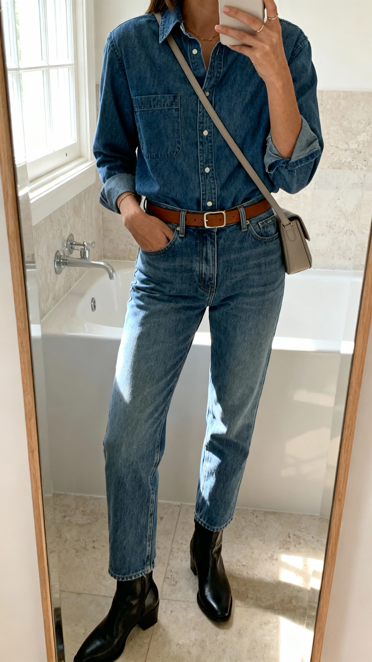 iPhone mirror selfie of a woman wearing a denim shirt tucked into straight-leg jeans (slightly different washes), sleek ankle boots, slim leather belt, and a minimalist crossbody, face not visible, cropped at neck, bathroom mirror, natural window light, iPhone photo quality