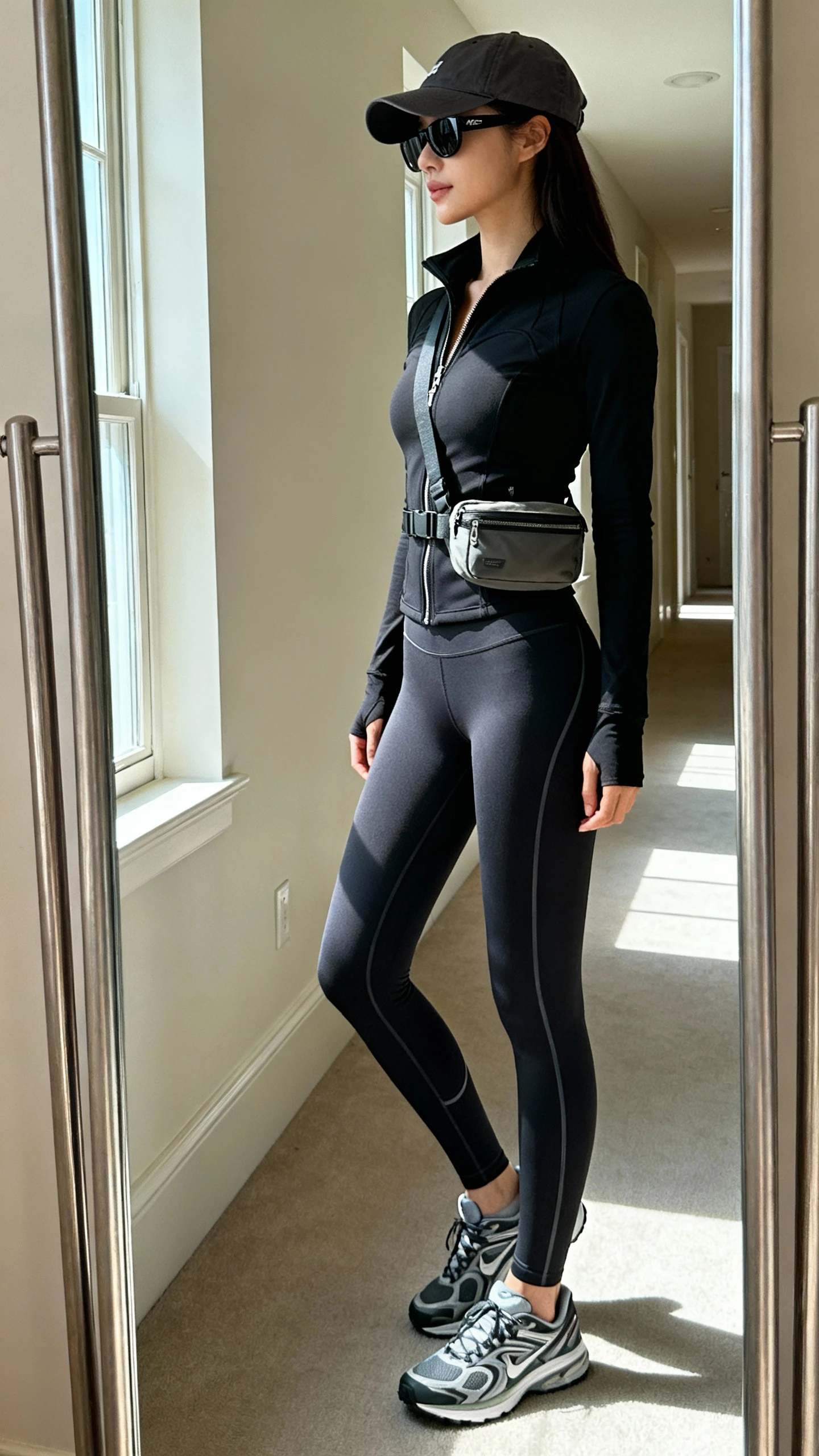 iPhone mirror selfie of a woman wearing a fitted black zip-up jacket, high-waisted performance leggings with minimal seams, modern running sneakers, a baseball cap, a belt bag worn crossbody, and sleek sunglasses, face not visible, side angle in hallway mirror, morning window light, iPhone photo quality.