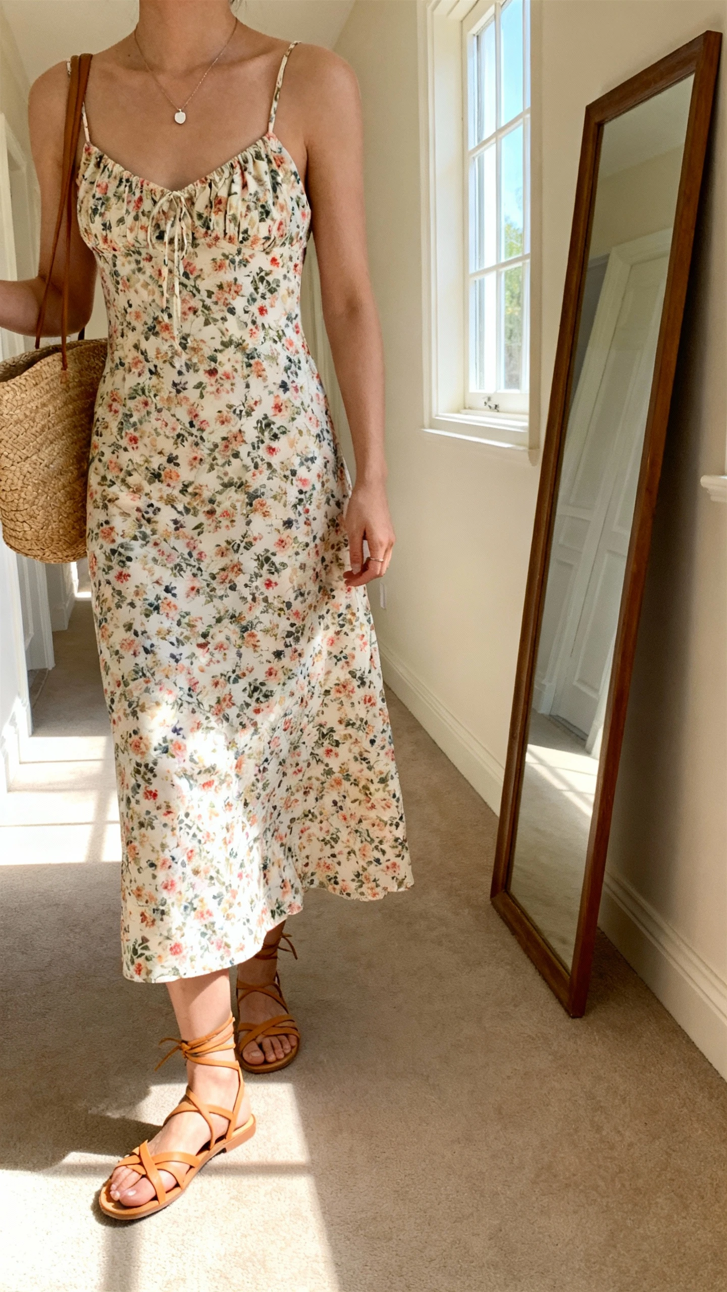 iPhone mirror selfie of a woman wearing a floral sundress with spaghetti straps, minimal pendant necklace, straw bag, tan strappy sandals, face not visible, cropped at shoulders, full-length mirror in a sunlit hallway, natural window light, iPhone photo quality.