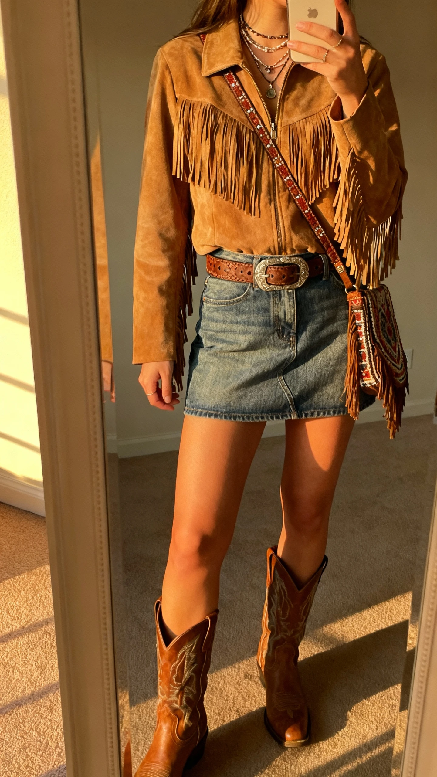 iPhone mirror selfie of a woman wearing a fringed suede jacket, denim mini skirt with a western belt, ankle cowboy boots, layered necklaces, and a boho crossbody, face not visible, cropped at neck, full-length mirror with golden afternoon light, iPhone photo quality.