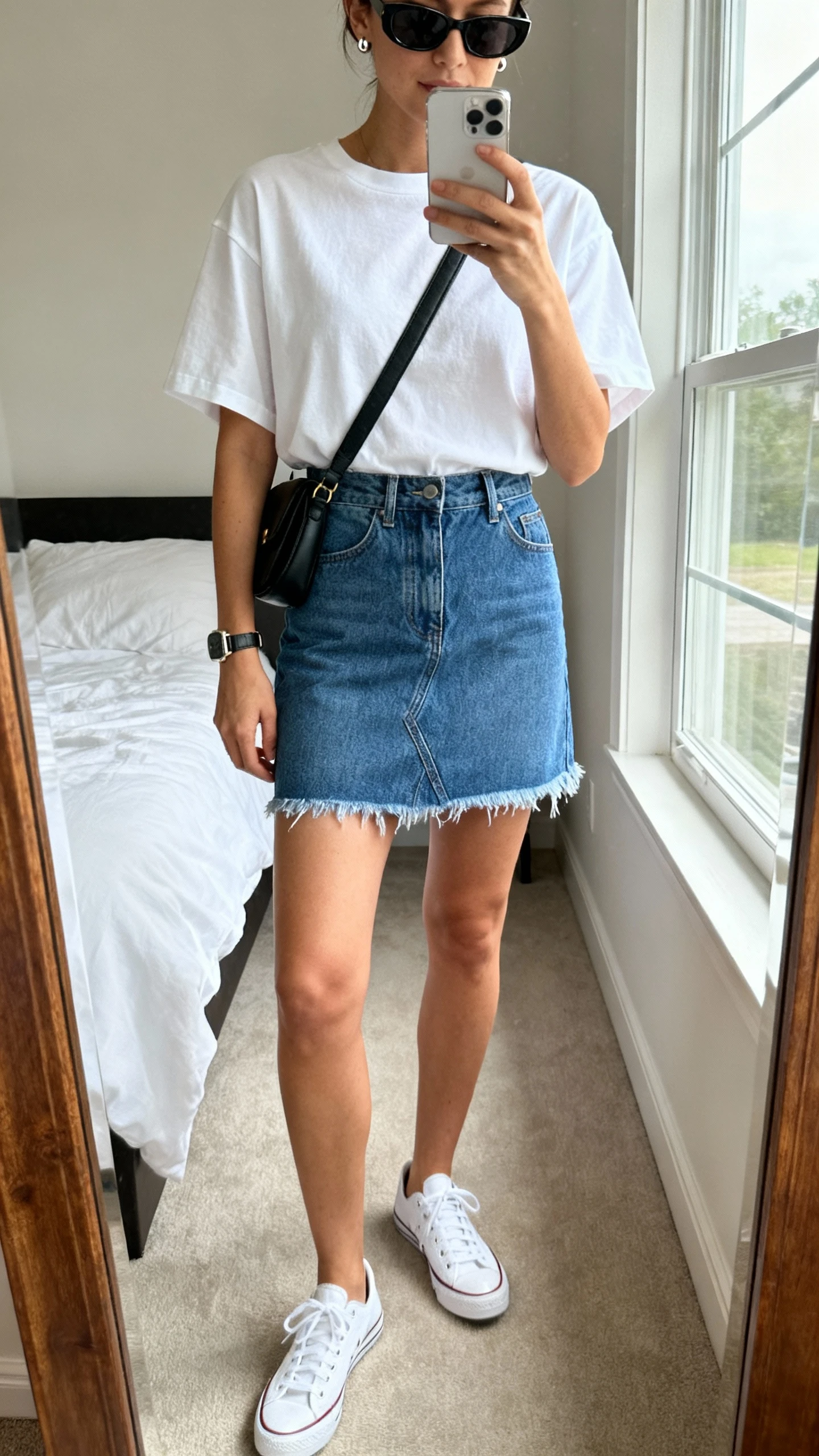 iPhone mirror selfie of a woman wearing a high-rise blue denim mini skirt (raw hem), a white crewneck tee with a slightly boxy fit, low-top white sneakers, a black crossbody bag, wayfarer sunglasses, minimal stud earrings, and a watch; face not visible, cropped at neck, bedroom mirror, natural window light, iPhone photo quality.