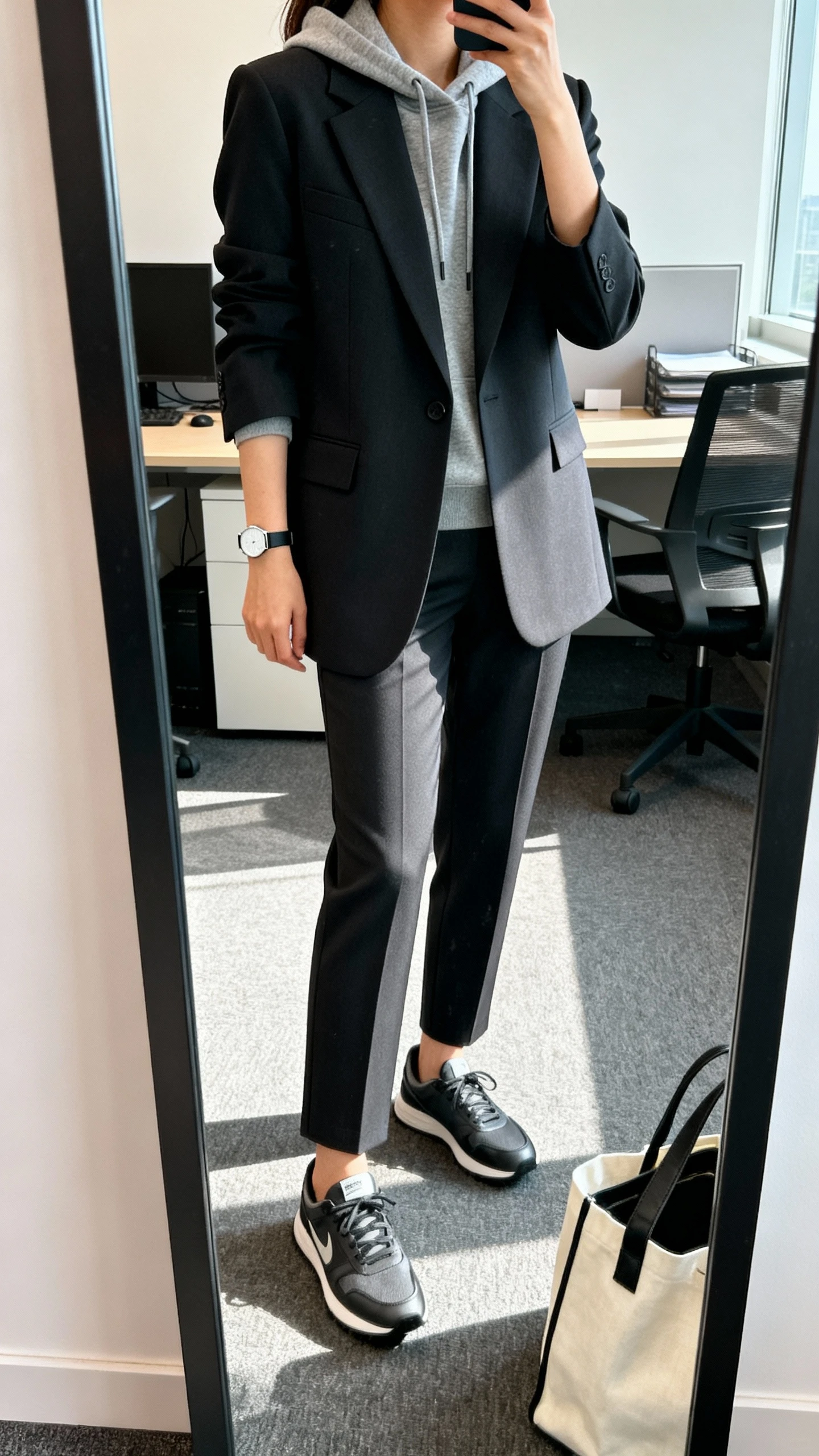 iPhone mirror selfie of a woman wearing a hoodie under a structured blazer with tailored trousers and sleek sneakers, minimal watch and tote, face not visible, cropped at neck, office mirror, indoor lighting, iPhone photo quality.