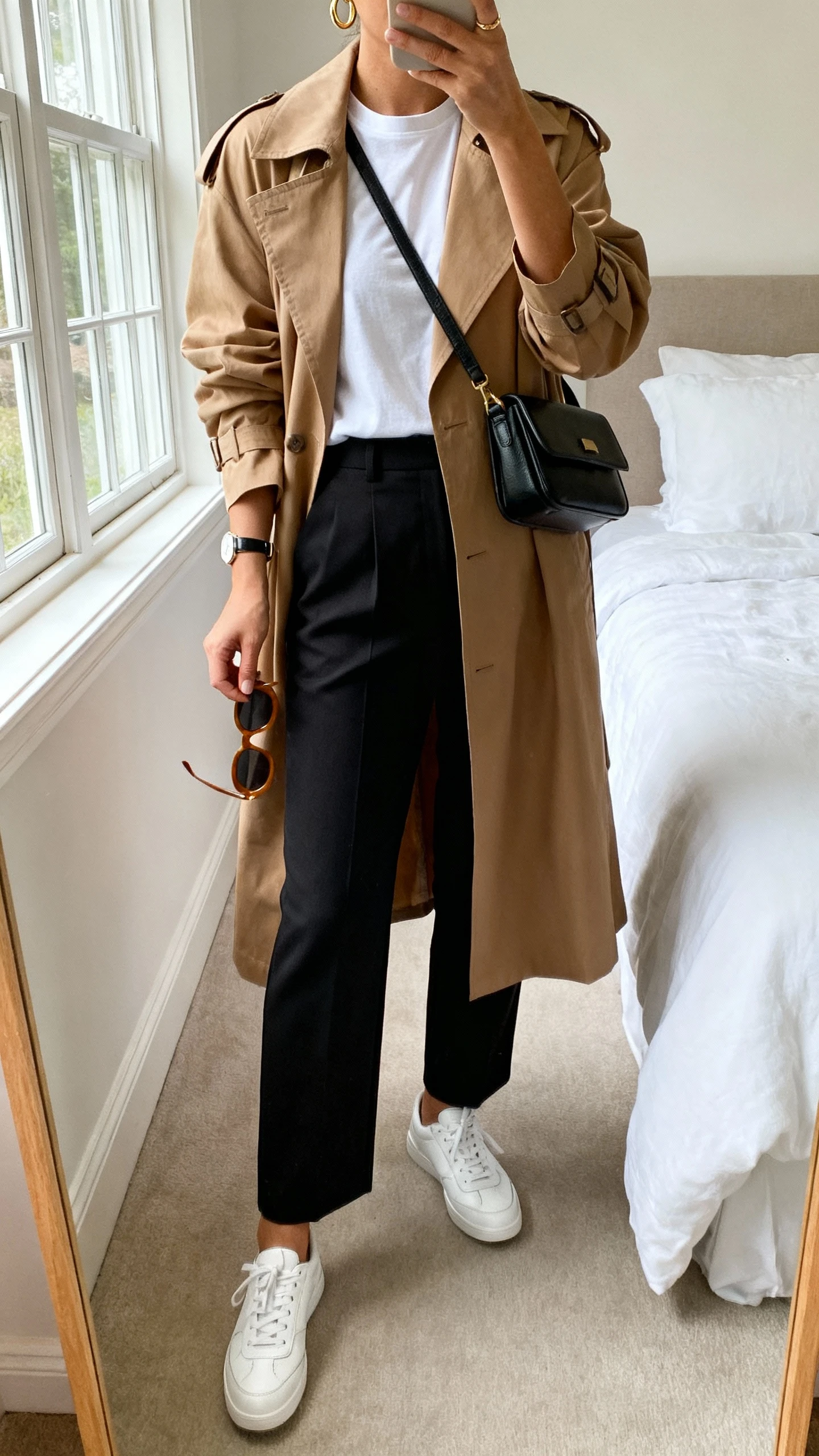 iPhone mirror selfie of a woman wearing a lightweight camel trench (knee-length) over a white crewneck tee, high-waisted tailored black trousers, classic white leather sneakers, structured crossbody, minimal gold hoops, slim watch, and matte sunglasses in hand; face not visible, cropped at neck, bedroom mirror, natural window light, iPhone photo quality.