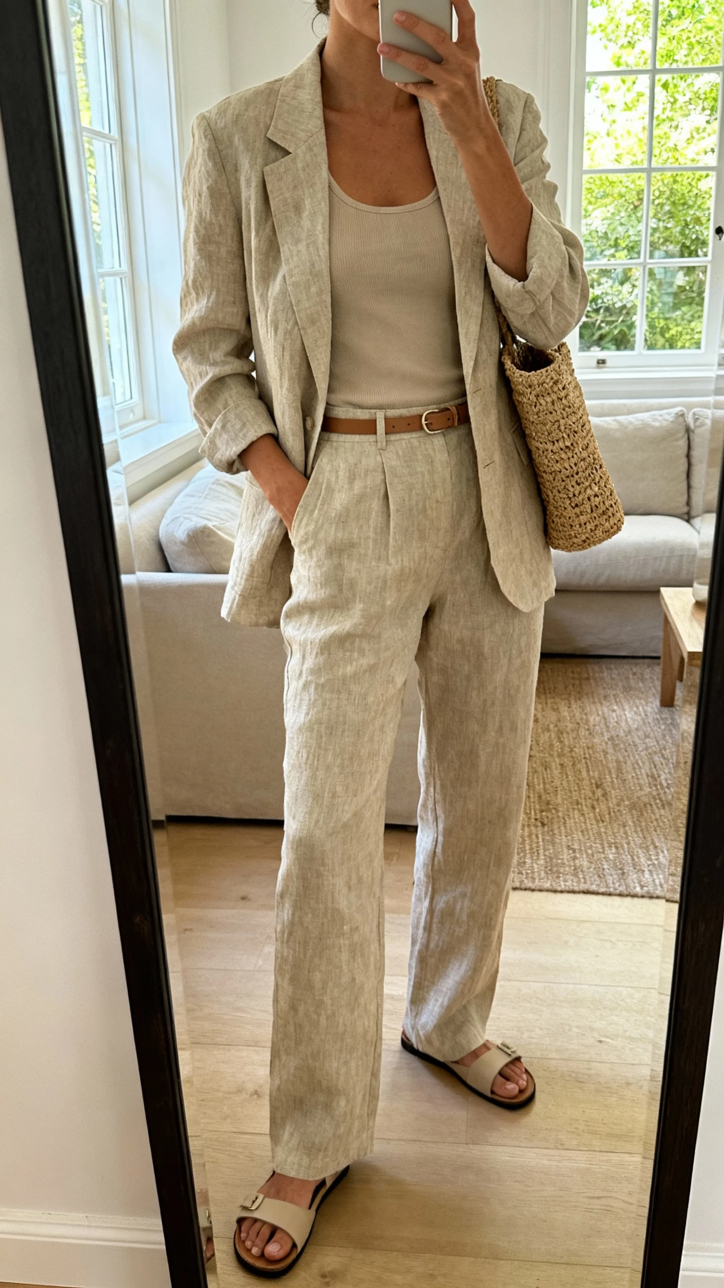 iPhone mirror selfie of a woman wearing a linen suiting set (linen blazer and matching trousers) with a fitted tank, minimalist sandals, woven tote, thin belt, face not visible, cropped at neck, living room mirror, natural window light, iPhone photo quality.