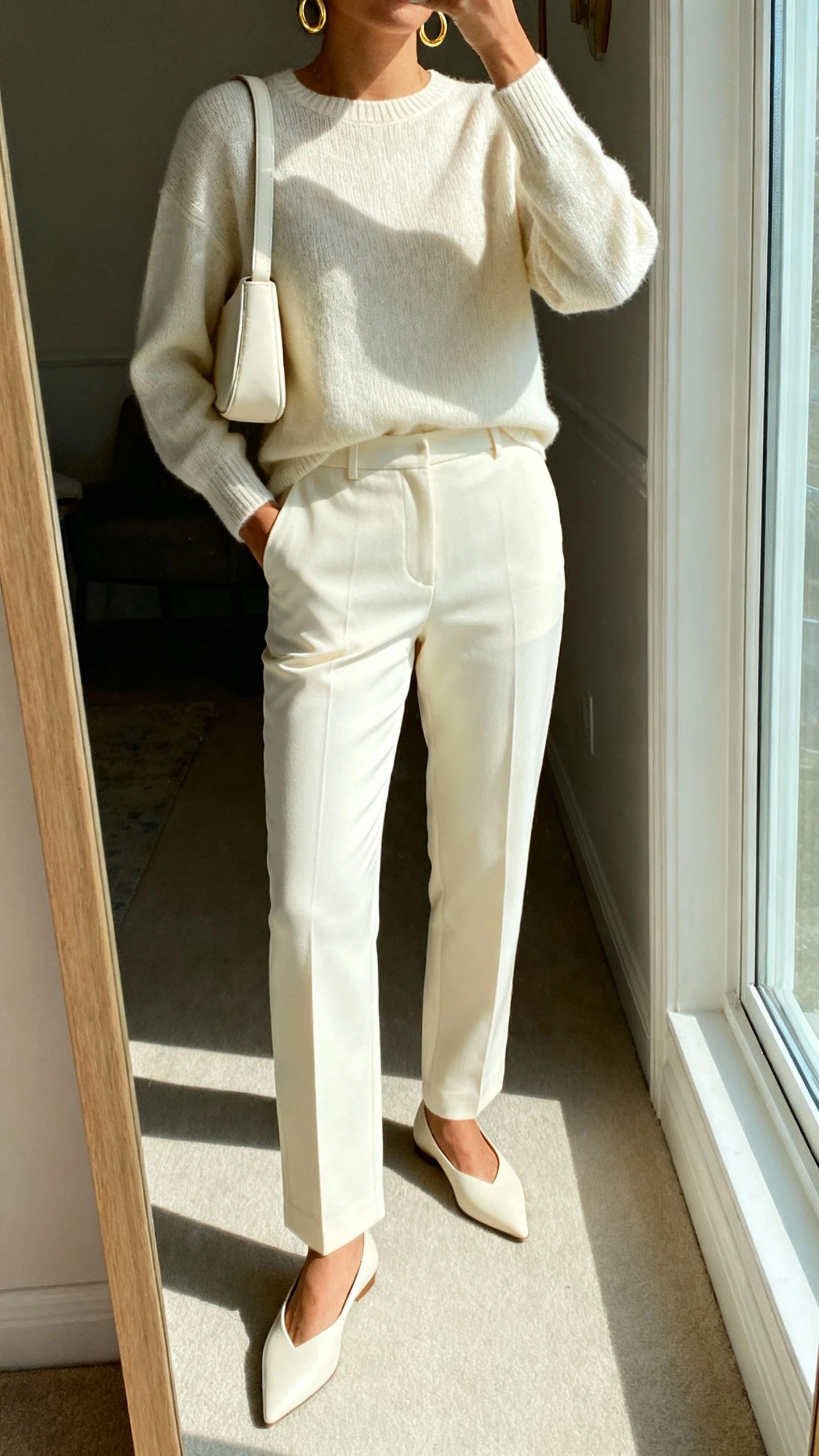 iPhone mirror selfie of a woman wearing a monochrome cream set: tailored cream trousers and matching cream knit top, minimalist gold hoops, cream shoulder bag, and cream pointed flats, face not visible, cropped at shoulders, full-length mirror by window, natural light, iPhone photo quality.