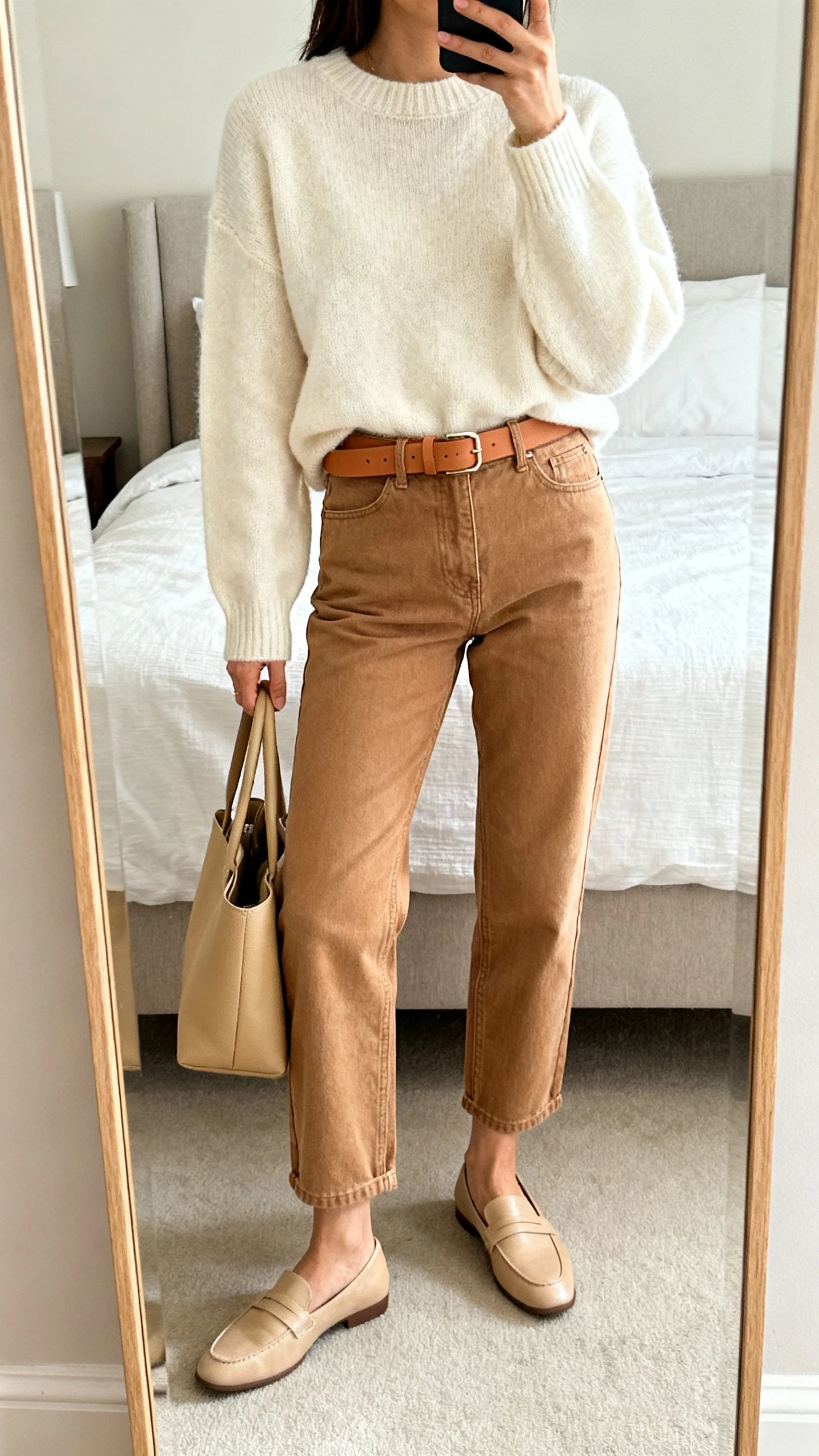 iPhone mirror selfie of a woman wearing a monochrome cozy look: cream sweater, tan mom jeans, camel belt, beige loafers, and a sand-toned tote for a pop of contrast, face not visible, cropped at shoulders, bedroom mirror, soft daylight, iPhone photo quality.
