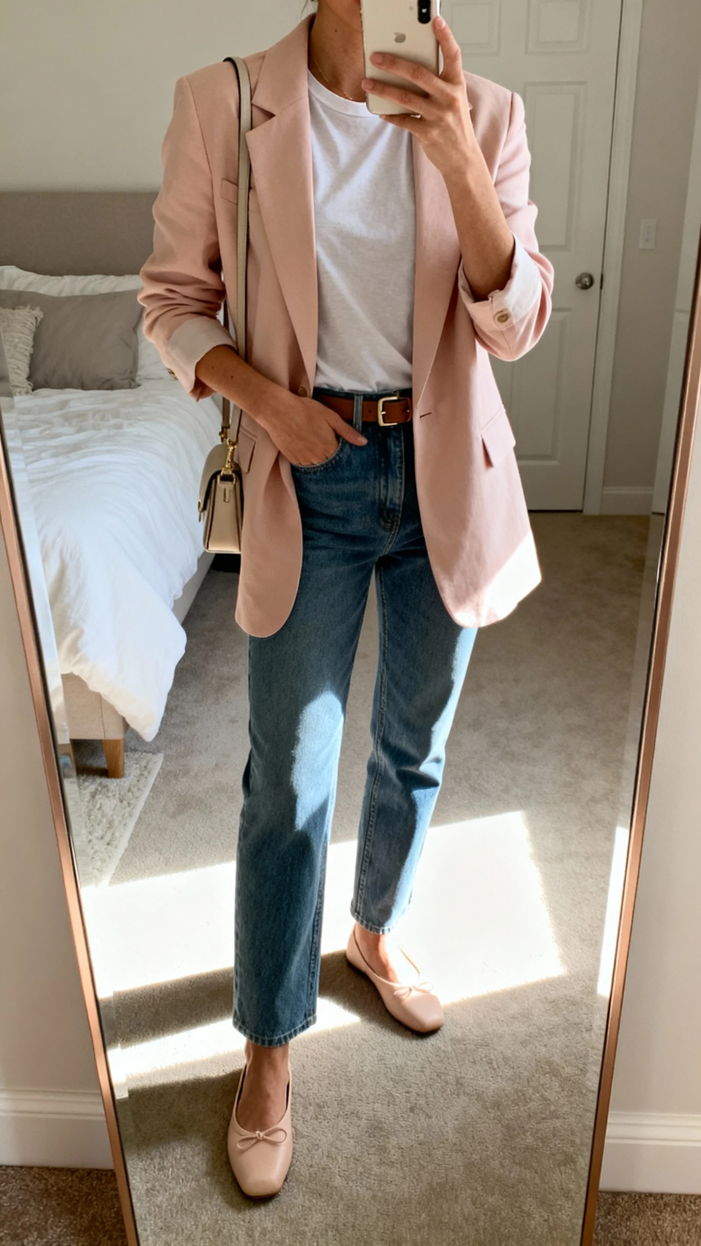 iPhone mirror selfie of a woman wearing a pastel blazer over a simple tee with straight-leg jeans, ballet flats, slim belt, small shoulder bag, face not visible, cropped at neck, bedroom full-length mirror with morning light, iPhone photo quality.