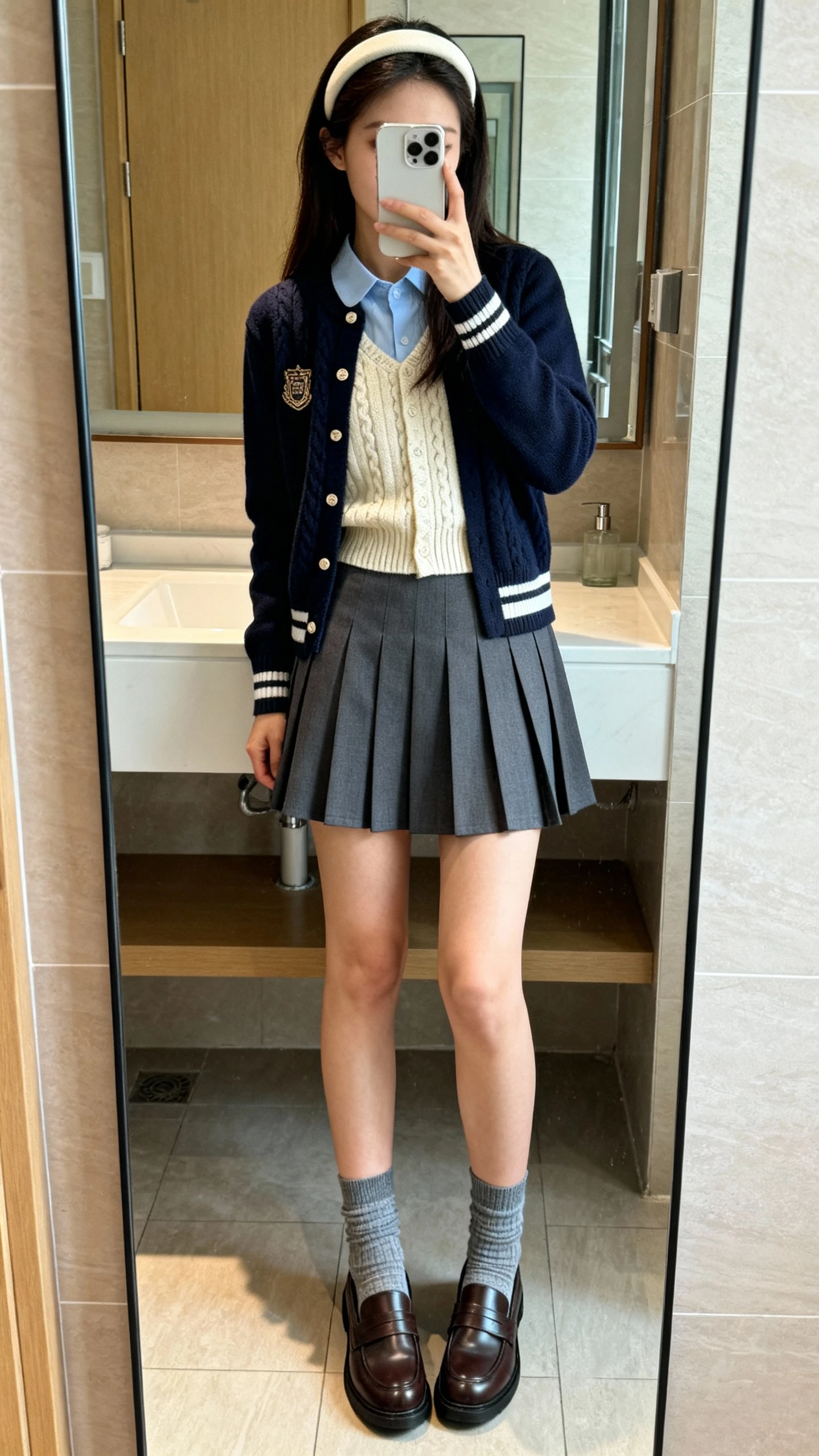 iPhone mirror selfie of a woman wearing a preppy pleated mini skirt with a matching cardigan set (cardigan and knit shell), loafers with socks, and a headband, face not visible, cropped at neck, bathroom mirror, natural indoor light, iPhone photo quality.