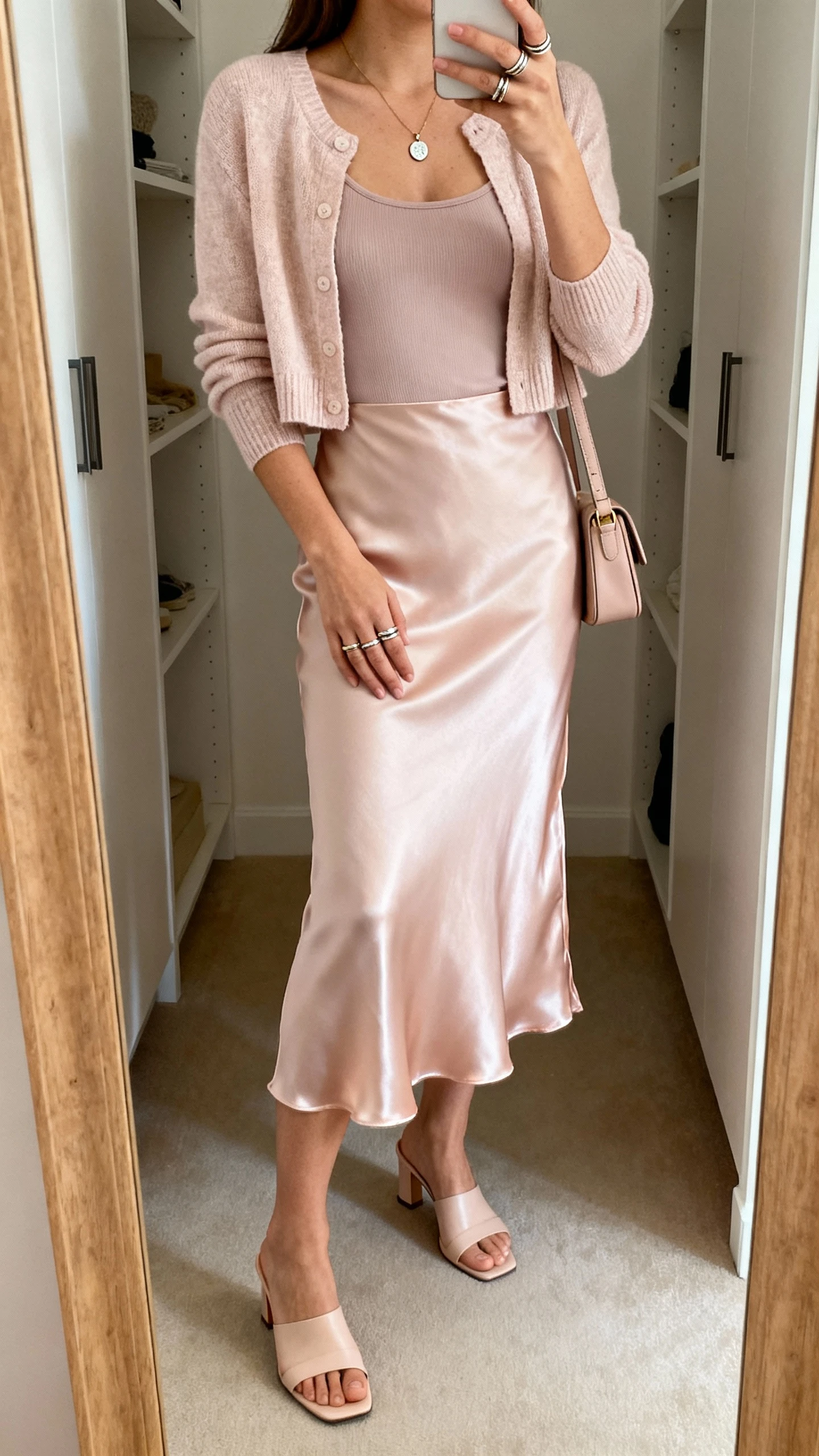 iPhone mirror selfie of a woman wearing a satin slip skirt in pastel, a soft cropped cardigan with a fitted camisole underneath, delicate heeled mules, small shoulder bag, a simple pendant necklace, and stacking rings; face not visible, cropped at neck, closet mirror, gentle indoor lighting, iPhone photo quality.