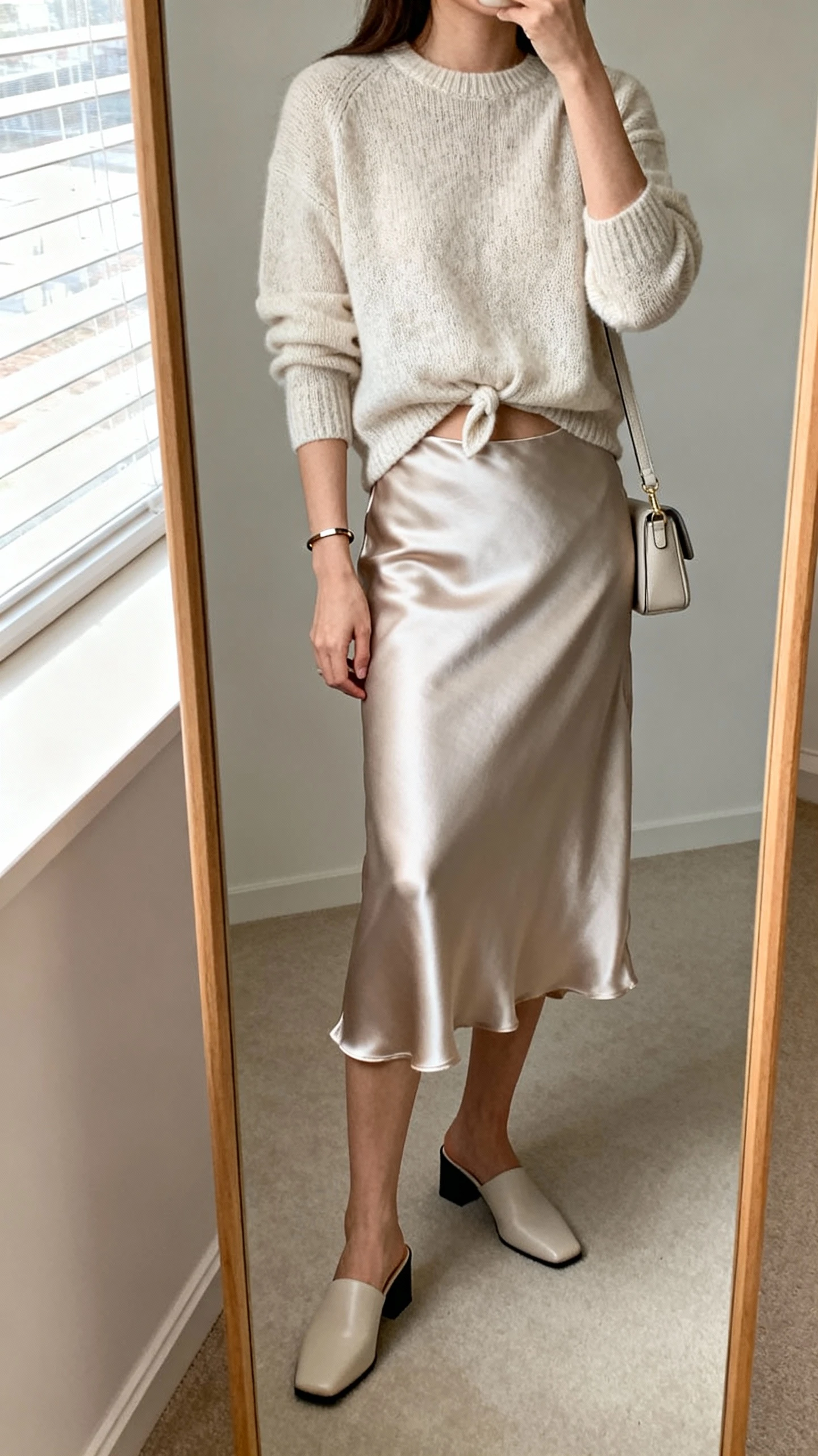 iPhone mirror selfie of a woman wearing a satin slip skirt with a lightweight knit sweater half-tucked, low block-heel mules, slim bracelet, mini shoulder bag, face not visible, cropped at shoulders, full-length mirror by window, iPhone photo quality.