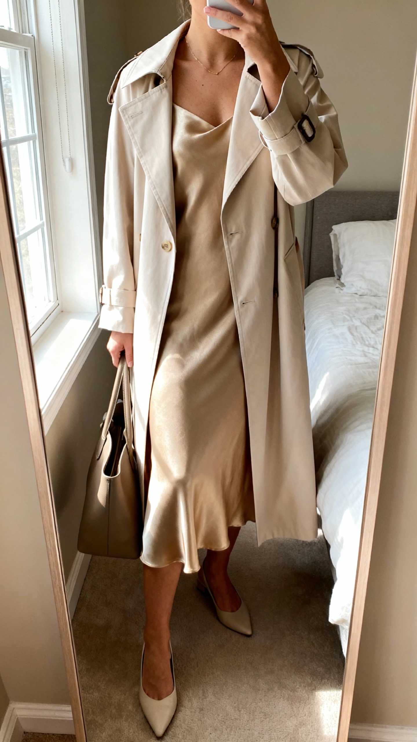 iPhone mirror selfie of a woman wearing a soft beige trench coat over a champagne slip dress with simple heels and a structured tote, face not visible, cropped at neck, bedroom mirror, morning window light, iPhone photo quality.