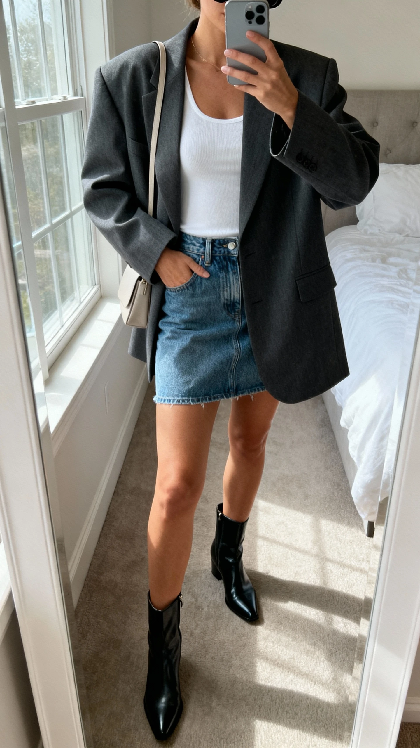 iPhone mirror selfie of a woman wearing a structured oversized blazer over a fitted white tank, denim mini skirt, sleek ankle boots, minimalist shoulder bag, and slim sunglasses, face not visible, cropped at neck, bedroom mirror with natural window light, iPhone photo quality.