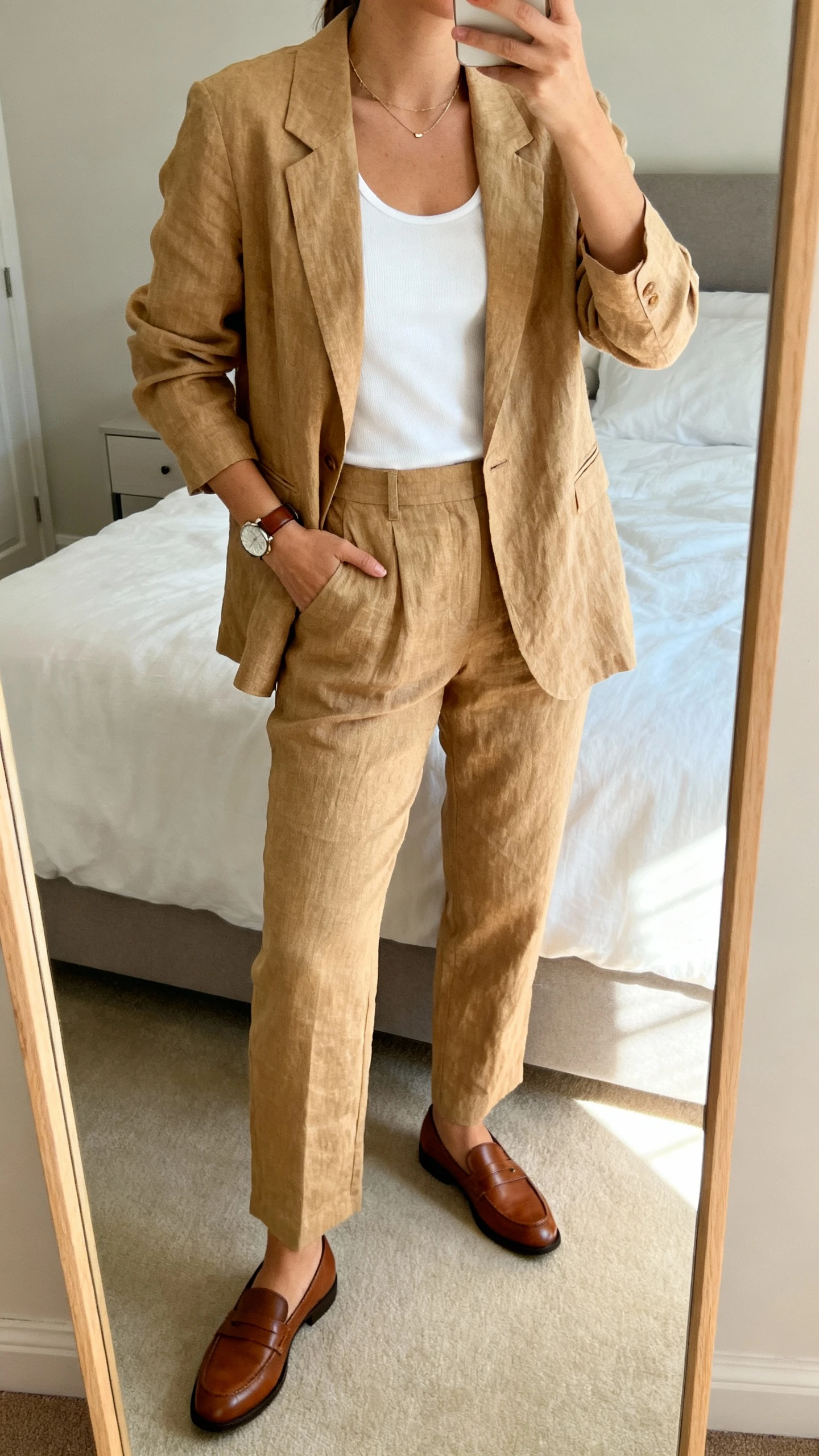 iPhone mirror selfie of a woman wearing a tan linen-blend suit (relaxed blazer and straight-leg trousers) with a crisp white tank, leather watch, minimal necklace, and brown leather loafers, face not visible, cropped at neck, bedroom mirror with soft morning light, iPhone photo quality.