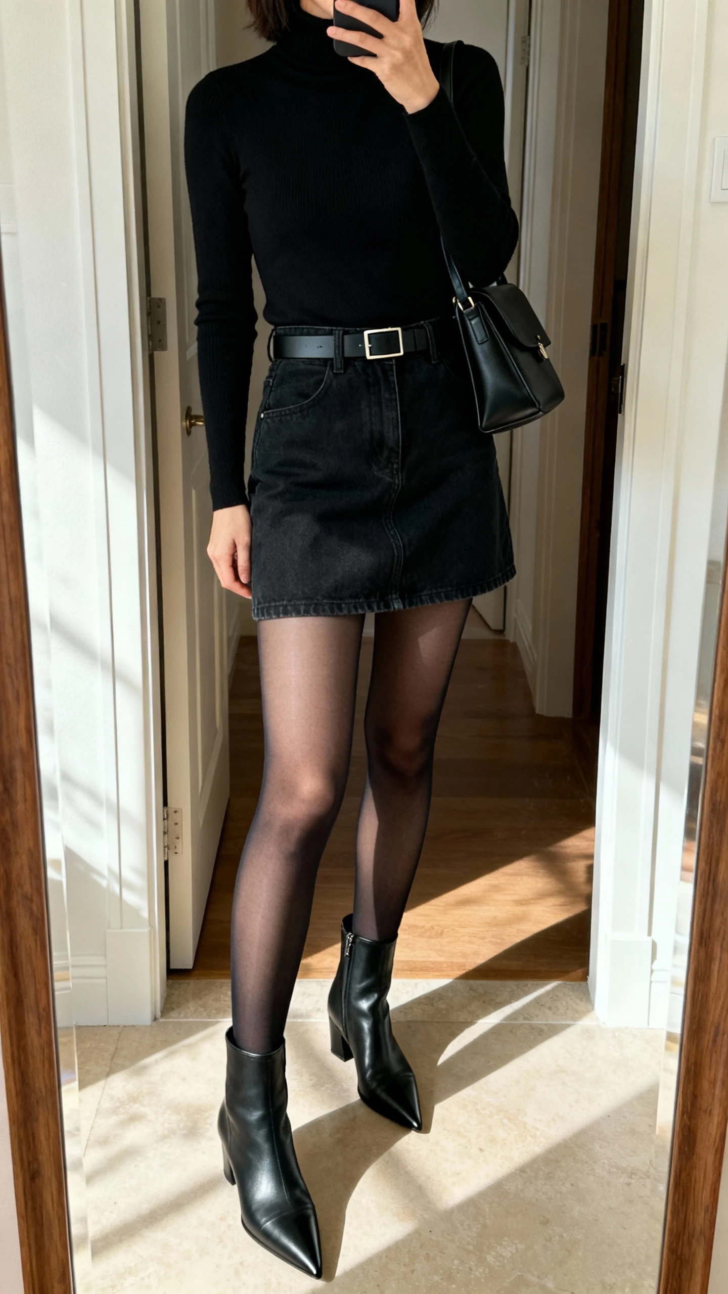 iPhone mirror selfie of a woman wearing an all-black look: fitted black turtleneck, black denim mini skirt, black sheer tights, pointed black ankle boots, and a structured black shoulder bag with a slim belt, face not visible, entryway mirror with natural light, iPhone photo quality.
