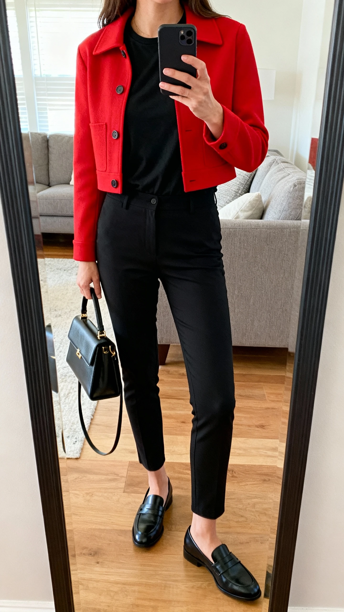 iPhone mirror selfie of a woman wearing an all-black base (black tee and black slim trousers) topped with a bright red cropped jacket, black loafers, structured handbag, face not visible, cropped at neck, living room full-length mirror, natural daylight, iPhone photo quality