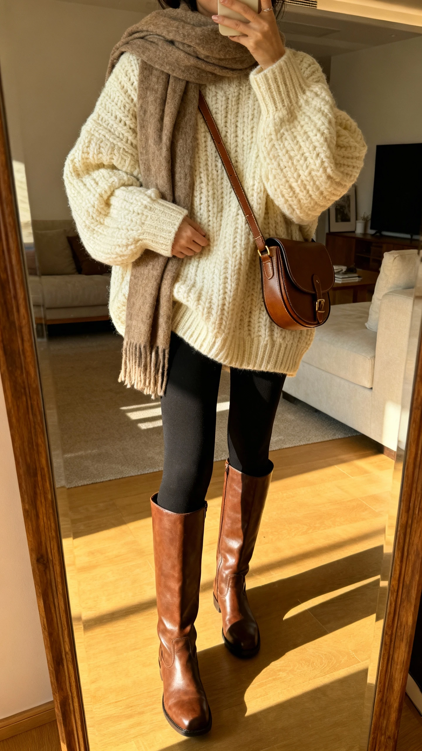 iPhone mirror selfie of a woman wearing cozy oversized sweater and knee-high boots: chunky cream sweater, black leggings, tall brown leather boots, long wool scarf, crossbody saddle bag, face not visible, cropped at shoulders, living-room mirror, golden morning light, iPhone photo quality