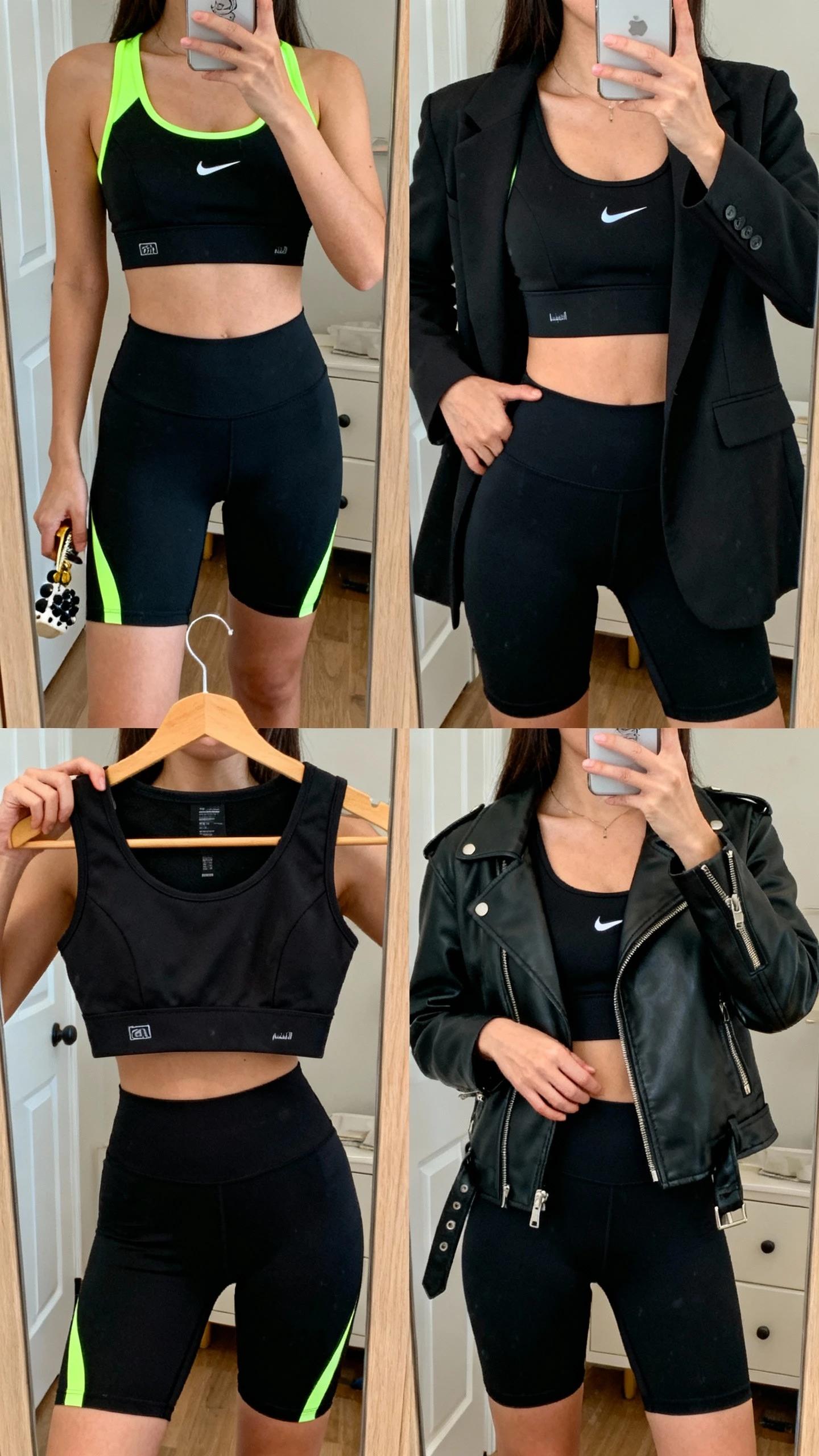 iPhone mirror selfie of a woman wearing her black gym set styled three ways in one frame (hanger/hand props): with neon accents, with a blazer, and with a moto jacket to show versatility, face not visible, cropped at shoulders, closet mirror, natural indoor lighting, iPhone photo quality.