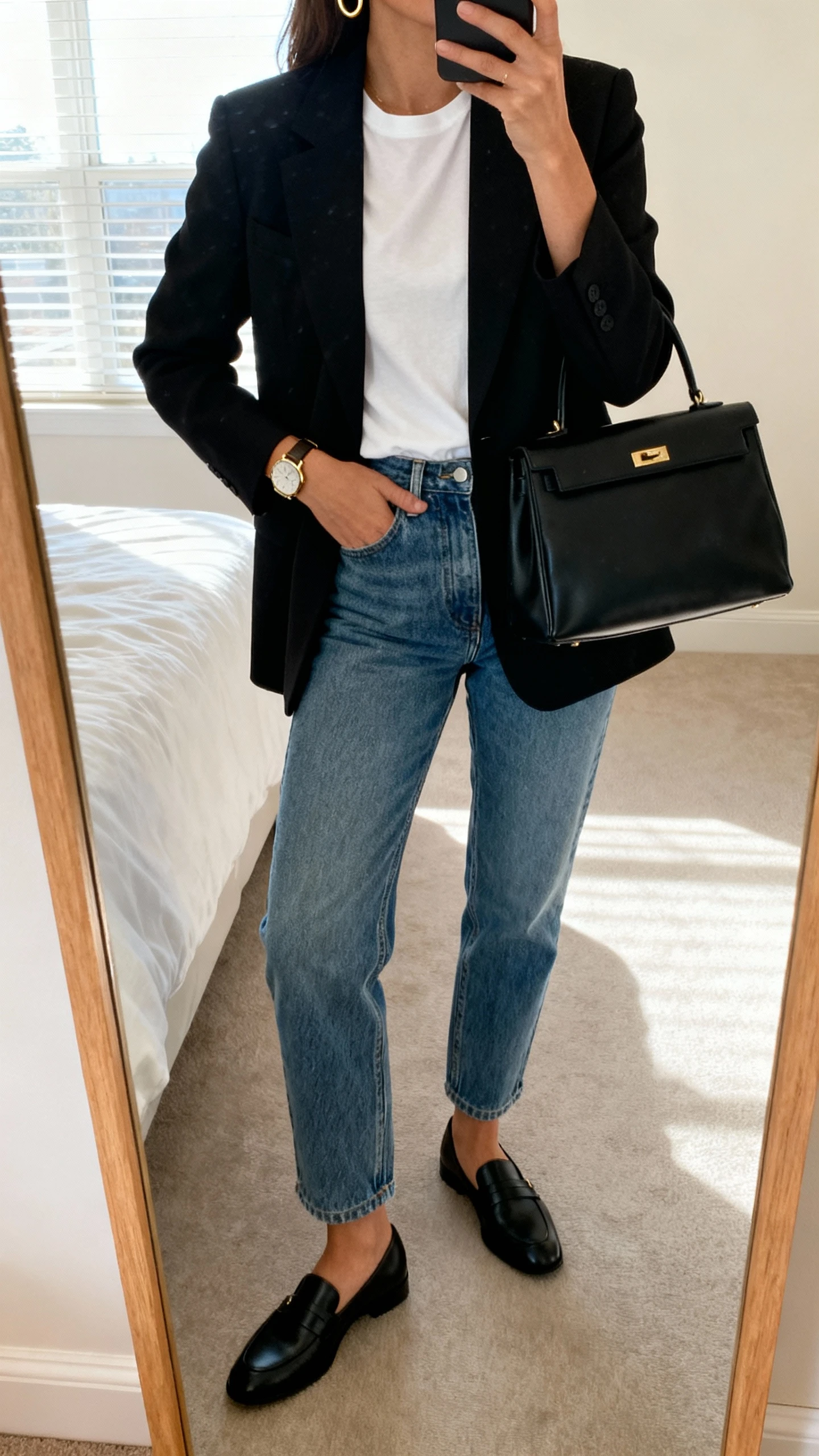 iPhone mirror selfie of a woman wearing mom jeans, crisp white tee tucked in, tailored black blazer, black loafers, structured black handbag, minimal gold hoops and watch, face not visible, cropped at neck, bedroom mirror, morning window light, iPhone photo quality
