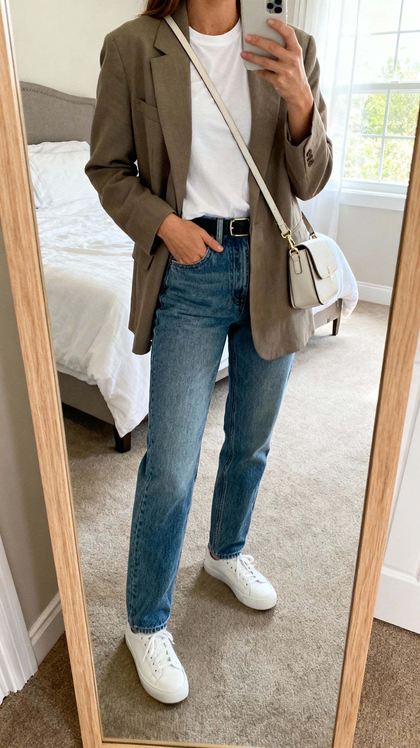 iPhone mirror selfie of a woman wearing mom jeans, a classic white tee tucked in, a relaxed-fit blazer, and white sneakers with a simple crossbody bag, face not visible, cropped at neck, bedroom mirror, natural window light, iPhone photo quality.