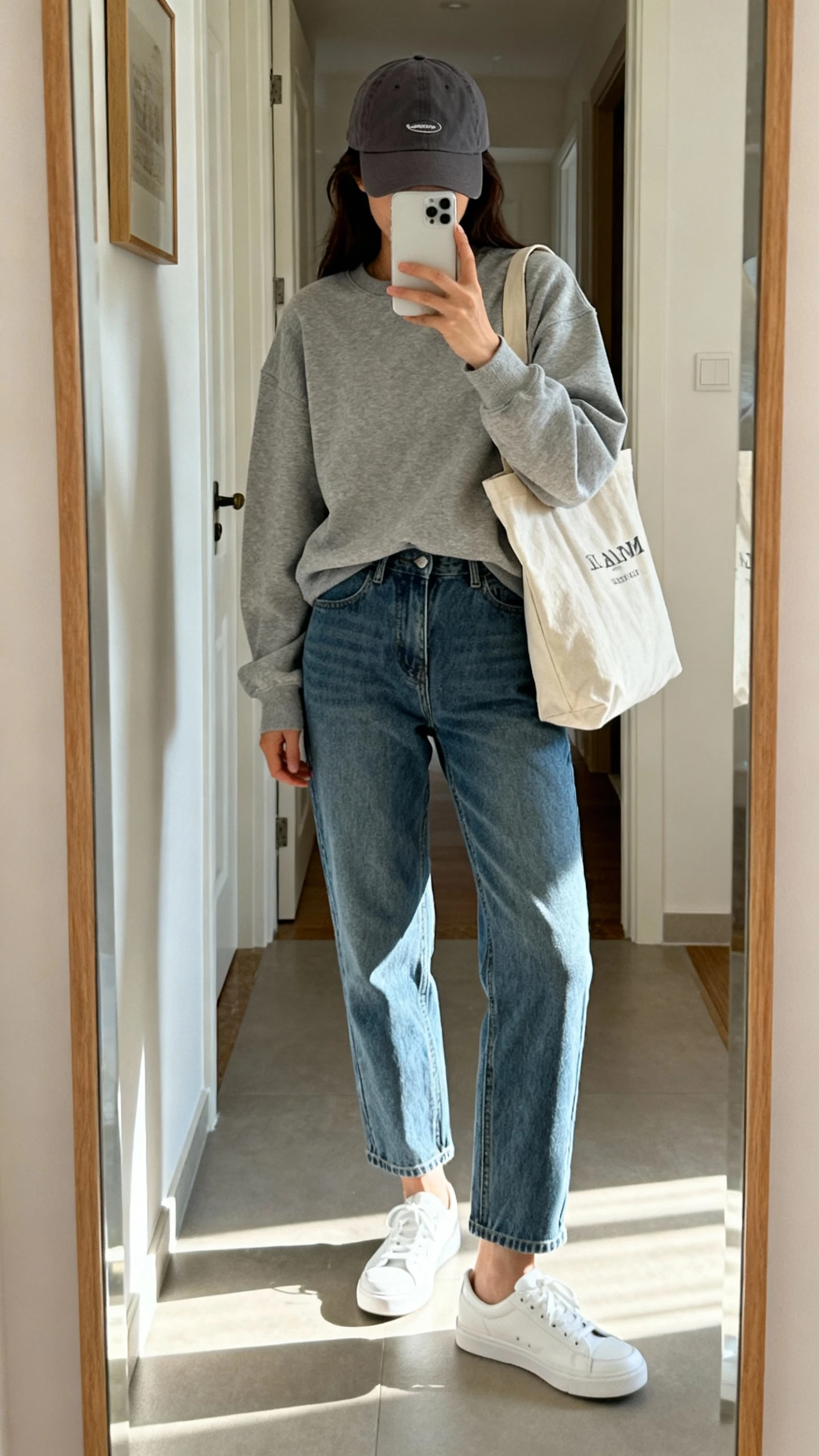 iPhone mirror selfie of a woman wearing mom jeans, relaxed grey sweatshirt, white low-top sneakers, sporty baseball cap, canvas tote bag, face not visible, cropped at shoulders, entryway mirror, bright morning light, iPhone photo quality
