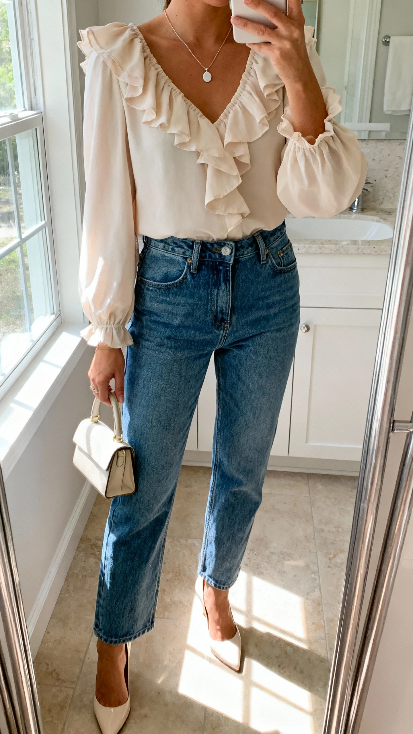 iPhone mirror selfie of a woman wearing mom jeans, a feminine blouse with soft ruffles, kitten heels, delicate pendant necklace and a small top-handle bag, face not visible, cropped at shoulders, bathroom mirror, natural window light, iPhone photo quality