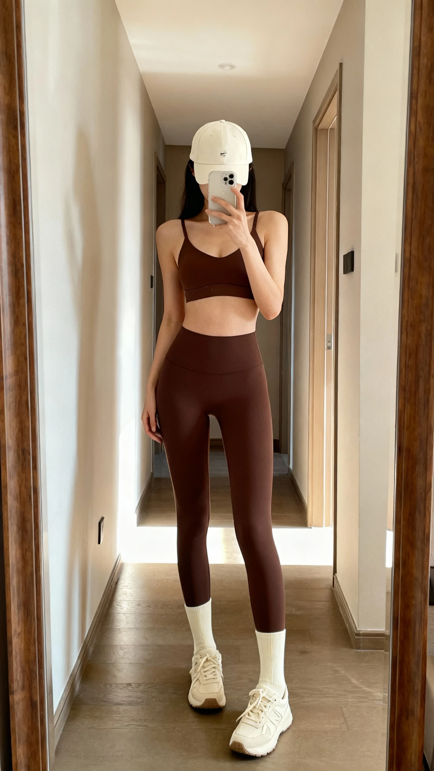 iPhone mirror selfie of a woman wearing monochrome chocolate brown leggings and matching bra with cream ankle socks, cream sneakers, and a cream baseball cap, face not visible, cropped at shoulders, full-length mirror in hallway, soft morning light, iPhone photo quality.
