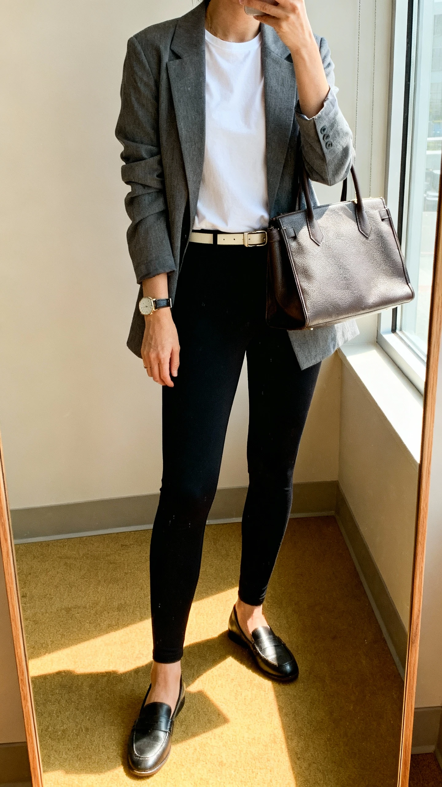iPhone mirror selfie of a woman wearing off-duty blazer and leggings: black ponte leggings, relaxed gray blazer, white tee, loafers, structured leather tote, thin belt, watch, face not visible, cropped at neck, office corner mirror, natural window light, iPhone photo quality