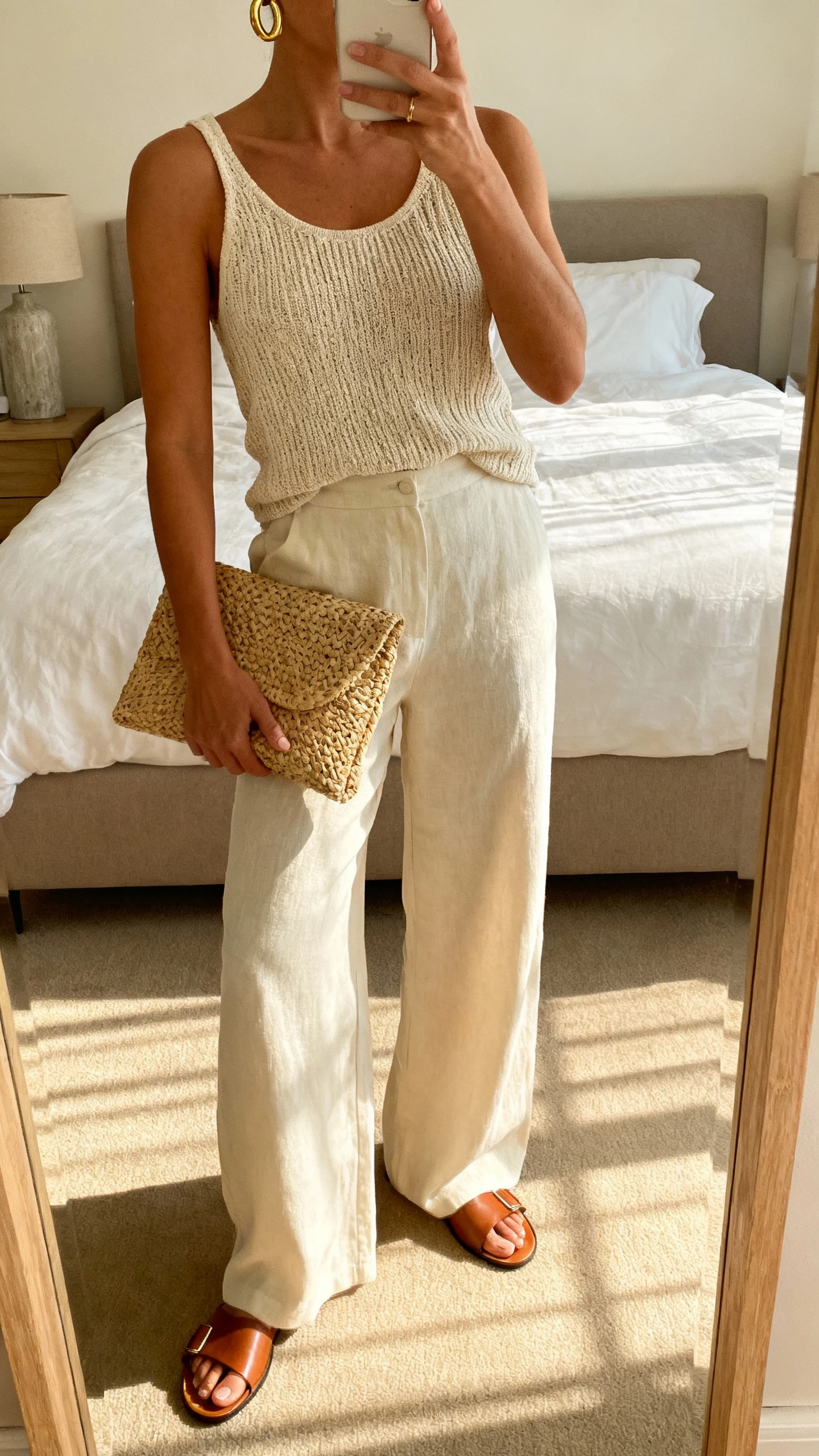 iPhone mirror selfie of a woman wearing resort-chic wide-leg pants with a luxe knit tank, leather slide sandals, raffia clutch, gold hoop earrings, face not visible, cropped at neck, bedroom mirror, gentle morning light, iPhone photo quality.