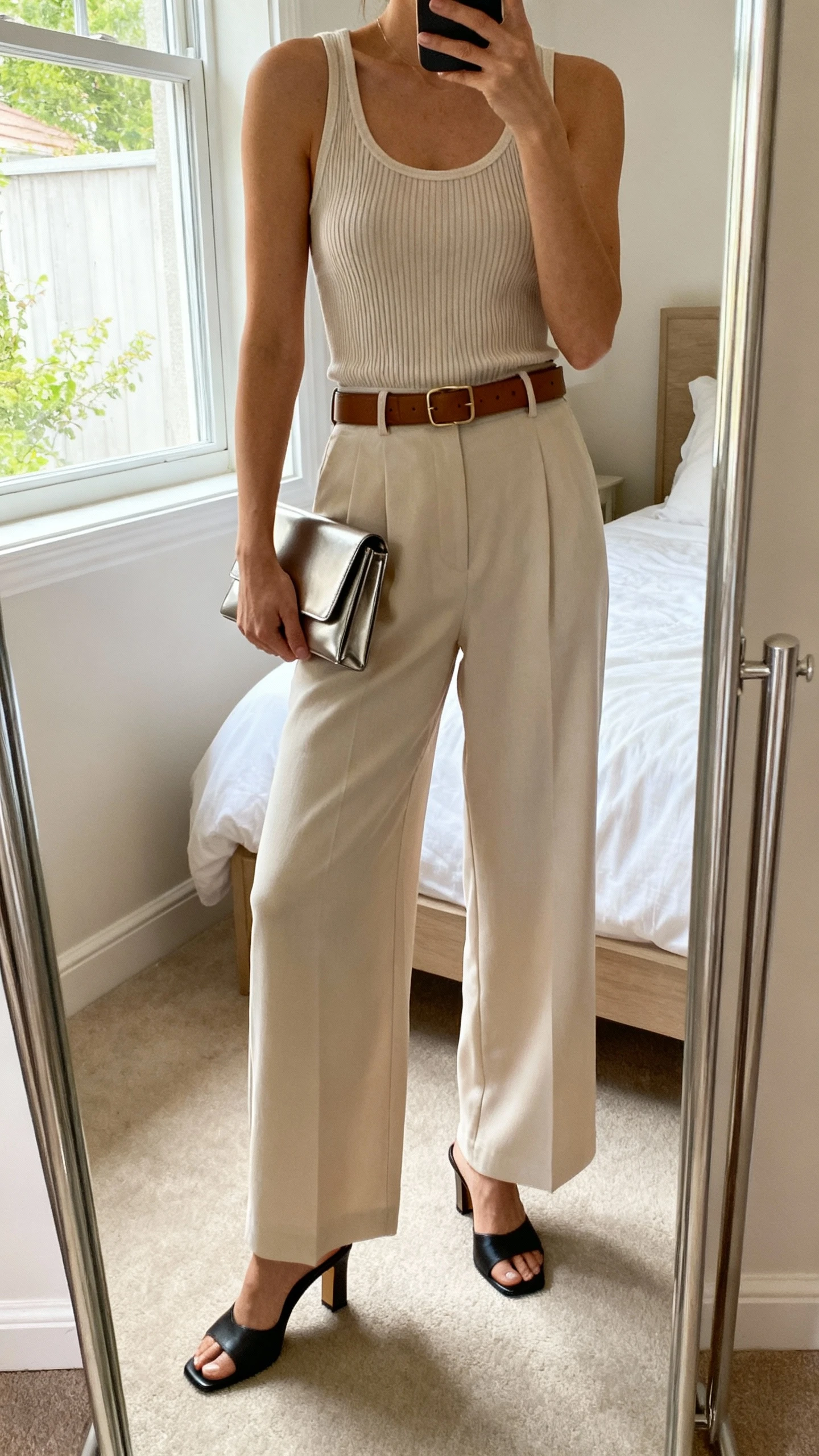 iPhone mirror selfie of a woman wearing wide-leg trousers with a fitted rib knit tank, minimalist leather belt, heeled mules, and a sleek clutch, face not visible, bedroom mirror, soft window light, iPhone photo quality.