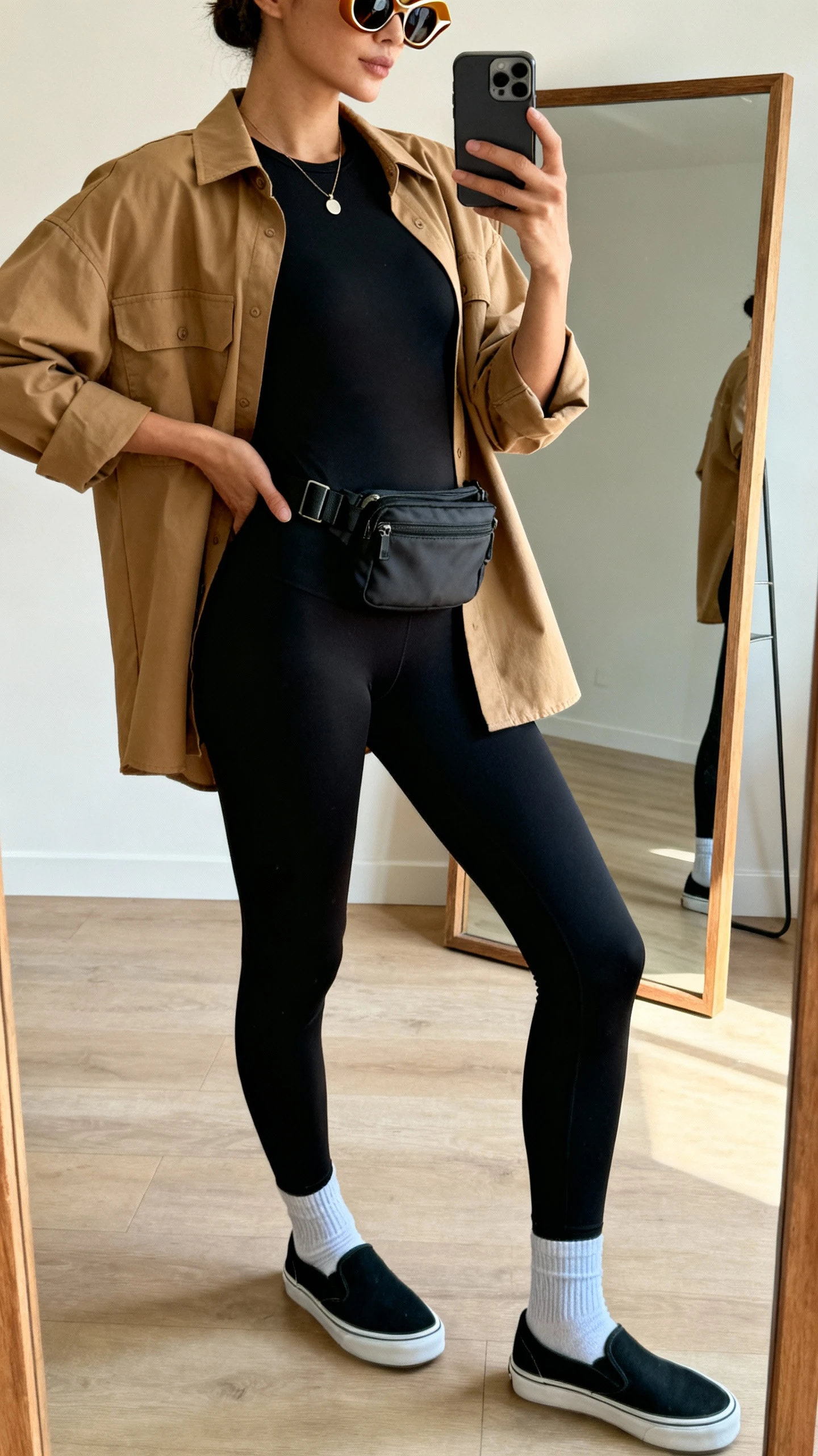 iPhone side-angle mirror selfie of a woman in a black one-piece athletic jumpsuit, a tan utility overshirt, slip-on trainers, a convertible belt bag at the waist, sculptural sunglasses, lightweight socks, and a minimal pendant necklace; face not visible, full-length mirror, soft morning light, iPhone photo quality.