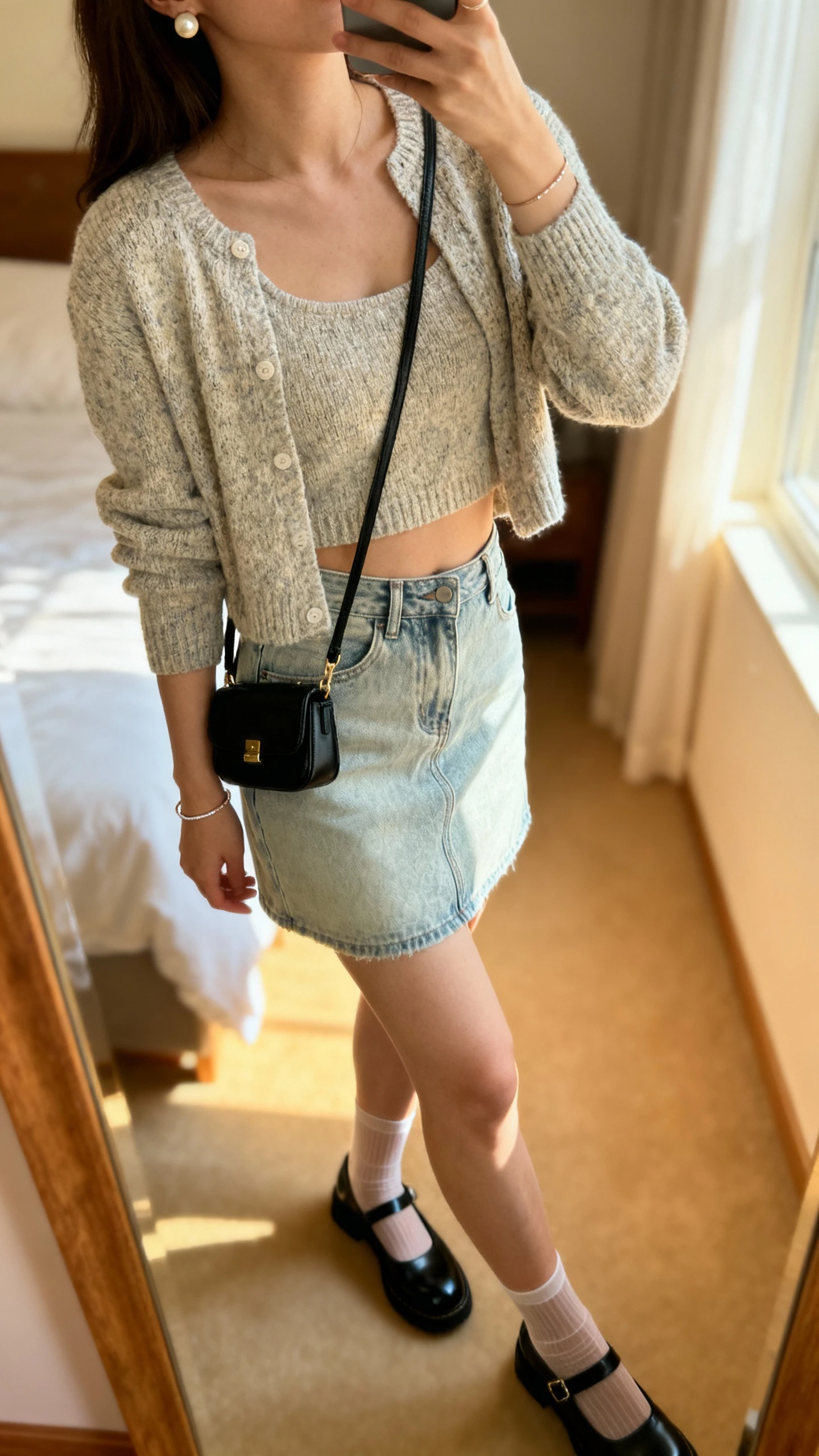 iPhone side-angle mirror selfie of a woman in a light-wash jeans mini skirt, matching knit cardigan set (cropped tank and cardigan), black Mary Janes, petite sling bag, pearl studs, a thin bracelet, and sheer ankle socks; face not visible, cropped at neck, bedroom mirror, soft morning window light, iPhone photo quality.