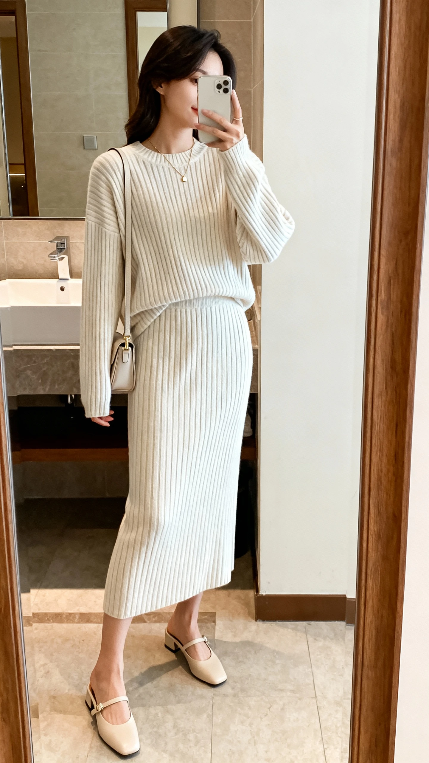 iPhone side-angle mirror selfie of a woman in a monochrome knit set (matching ribbed sweater and midi knit skirt), tonal slingback flats, small shoulder bag, delicate necklace, face not visible, bathroom full-length mirror, soft indoor lighting, iPhone photo quality.