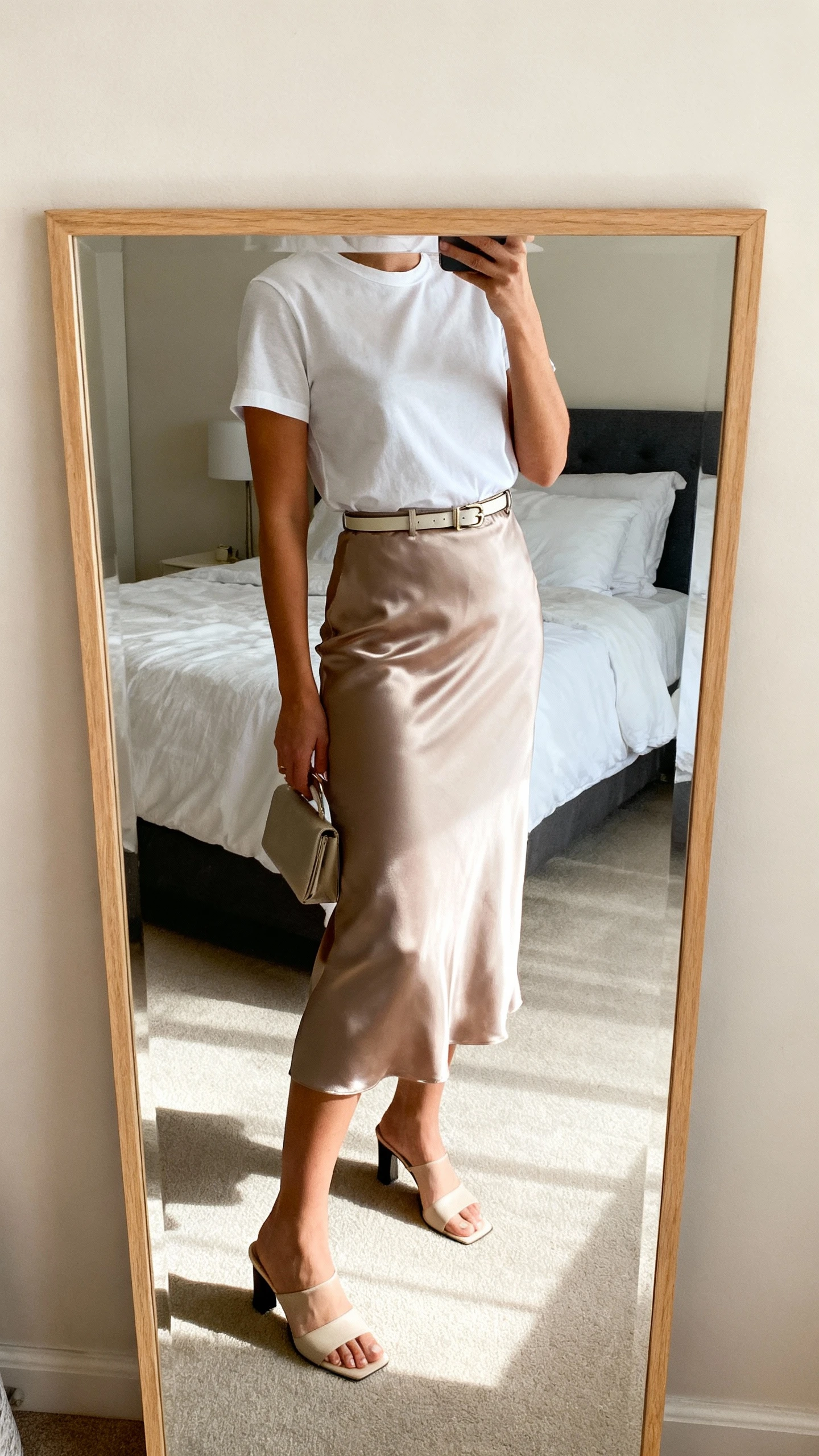 iPhone side-angle mirror selfie of a woman in a satin midi skirt with a tucked-in plain white tee, minimalist heeled mules, a slim belt, and a small clutch, face not visible, bedroom mirror, soft morning light, iPhone photo quality.