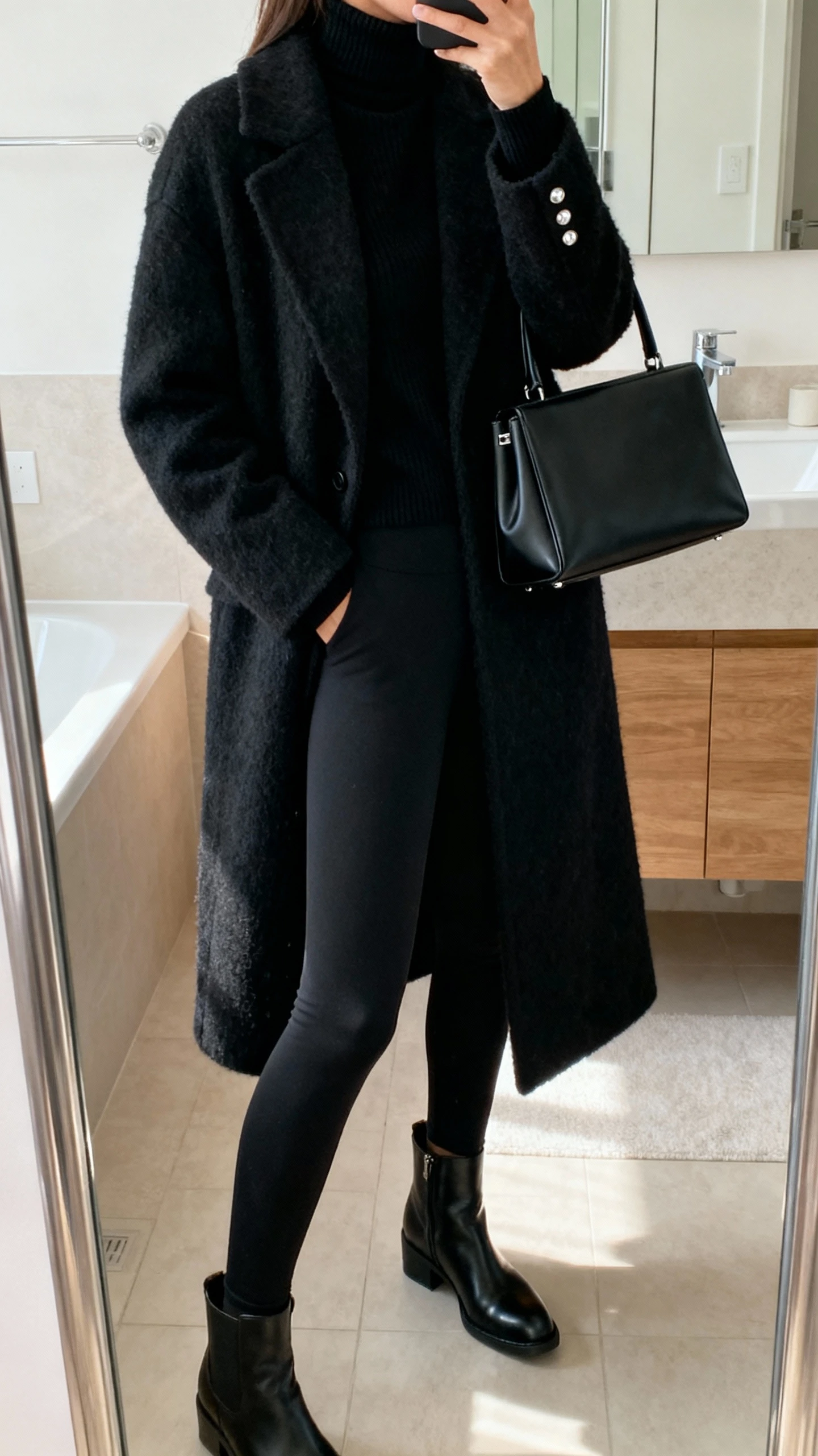 iPhone side-angle mirror selfie of a woman wearing monochrome black: fitted black leggings, black turtleneck, black longline wool coat, black ankle boots, black structured tote, minimal silver studs, face not visible, bathroom mirror, soft morning light, iPhone photo quality