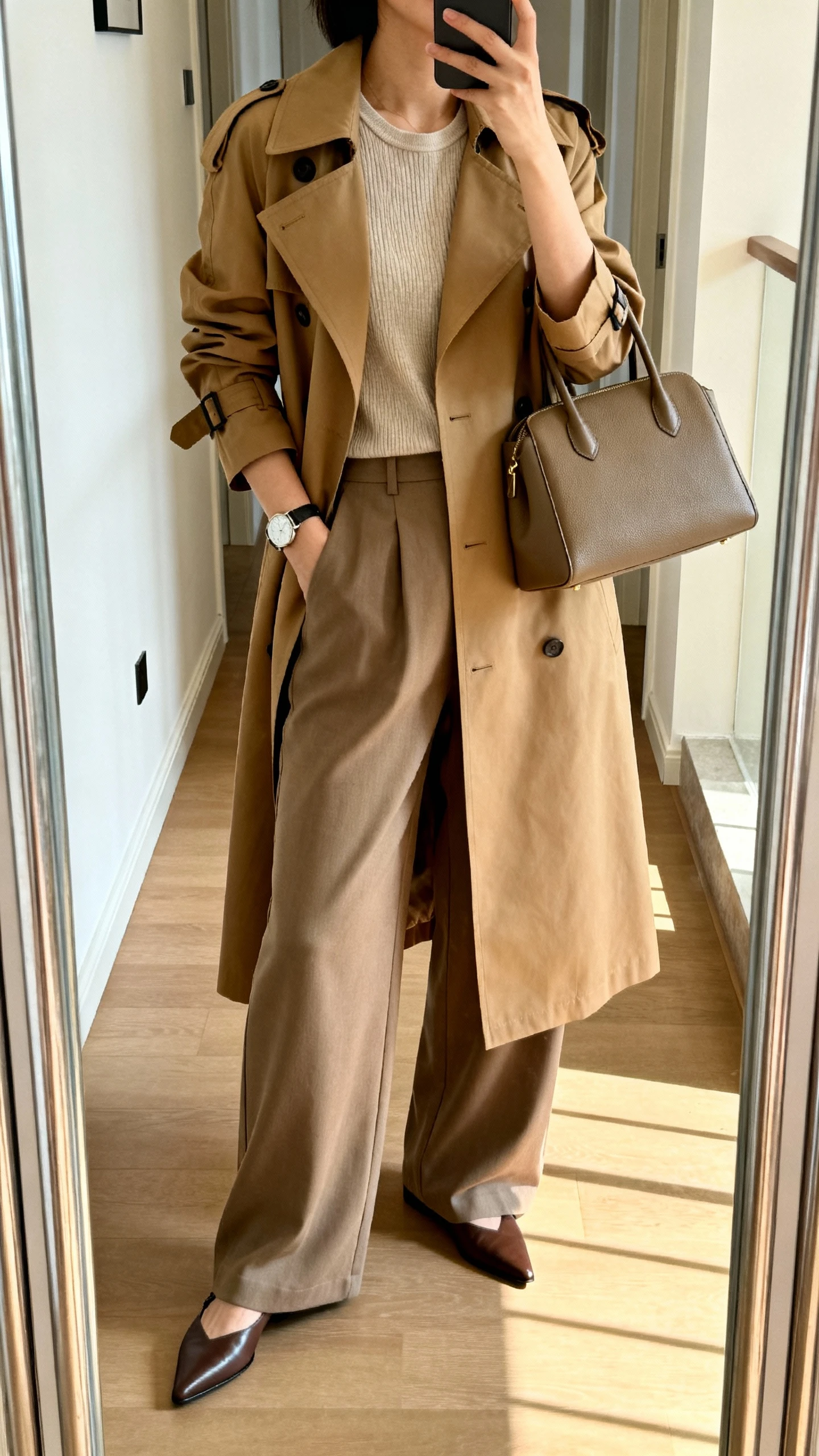 iPhone side-angle mirror selfie of a woman wearing a classic tan trench coat over wide-leg trousers and a fine-knit tee, pointed loafers, structured tote, subtle watch, face not visible, hallway full-length mirror, indoor daylight, iPhone photo quality.