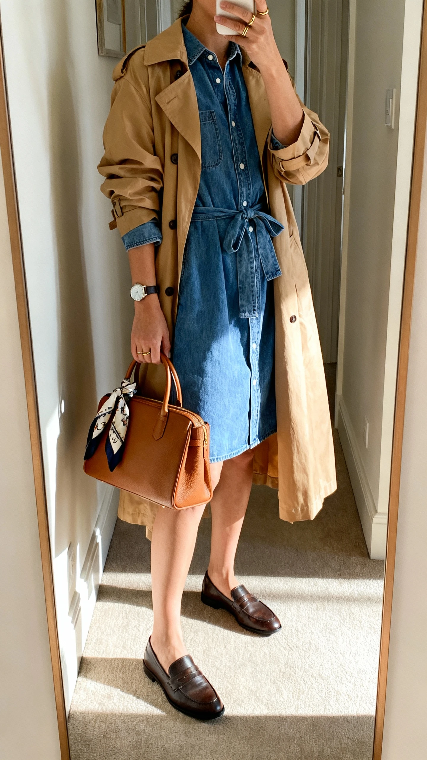 iPhone side-angle mirror selfie of a woman wearing a denim shirt dress (tie-waist) under a tan lightweight trench coat, loafers, a top-handle tote, a simple watch and minimal gold rings (optional patterned silk scarf tied on the bag), face not visible, hallway full-length mirror, indoor daylight, iPhone photo quality.