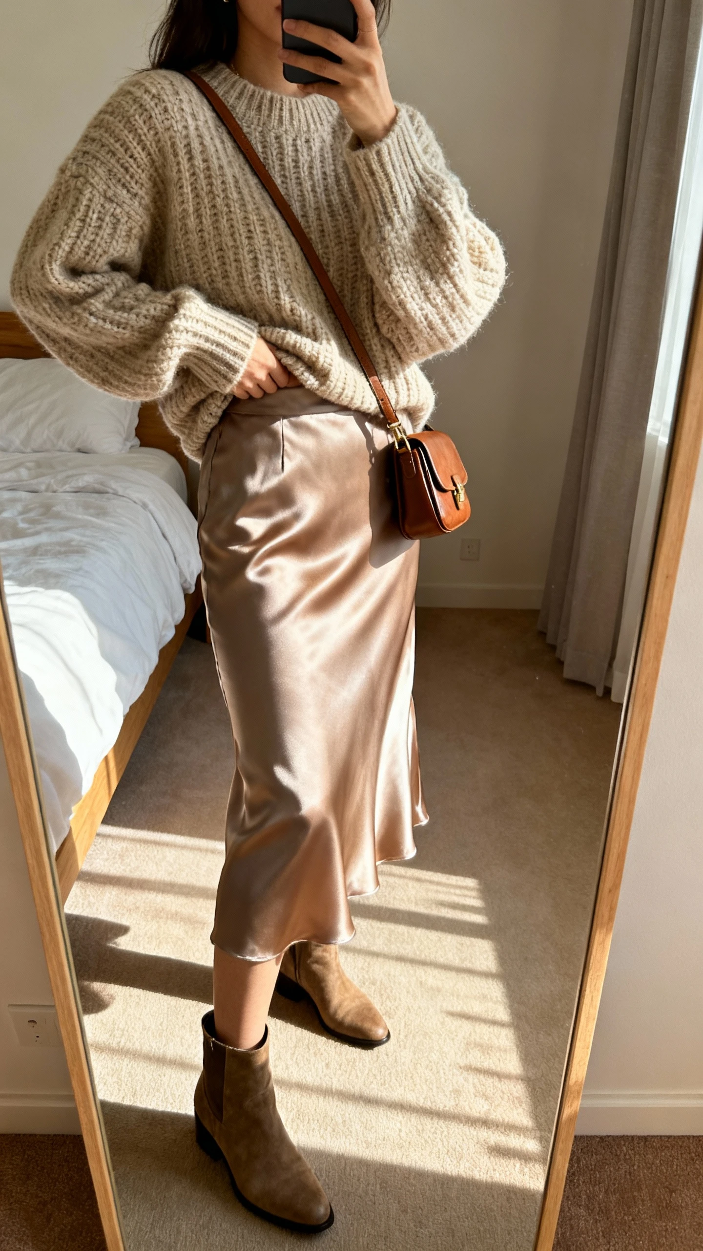 iPhone side-angle mirror selfie of a woman wearing a silk midi skirt with a chunky knit sweater half-tucked, ankle boots, and a small leather shoulder bag, face not visible, cropped at shoulders, bedroom mirror, warm afternoon light, iPhone photo quality.