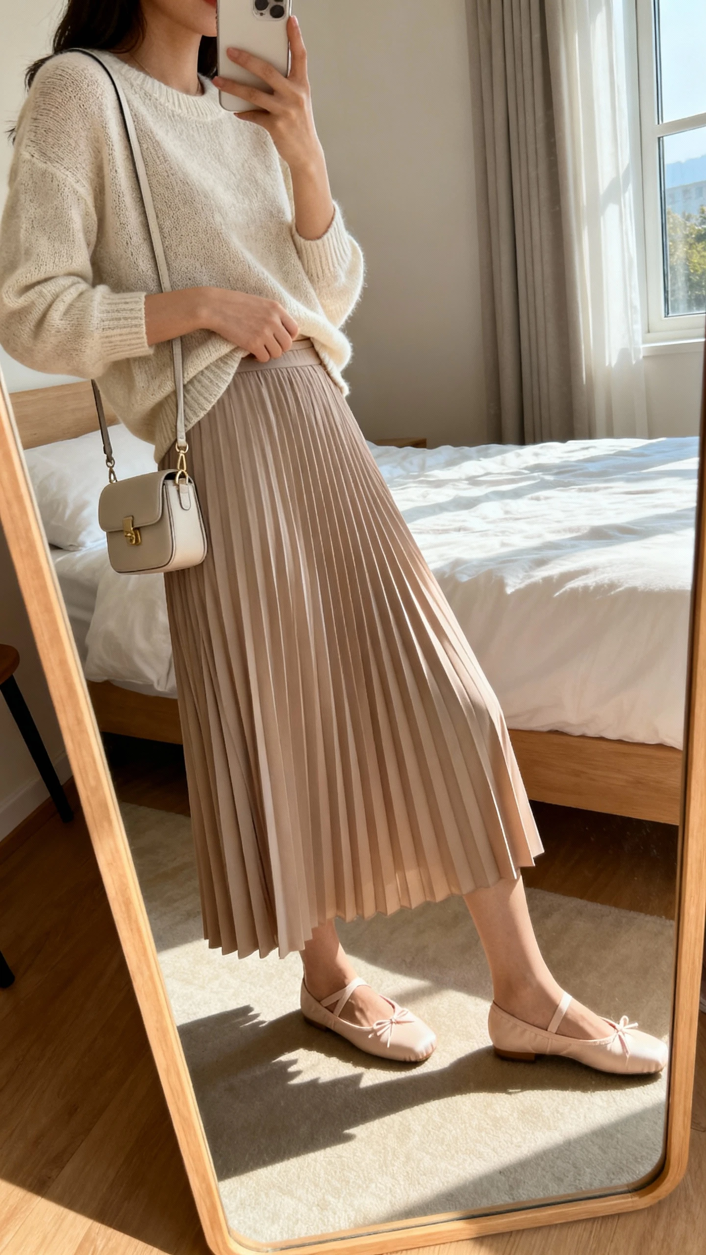 iPhone side-angle mirror selfie of a woman wearing a pleated midi skirt with a lightweight knit sweater half-tucked, delicate ballet flats, and a mini shoulder bag, face not visible, bedroom mirror, afternoon window light, iPhone photo quality.