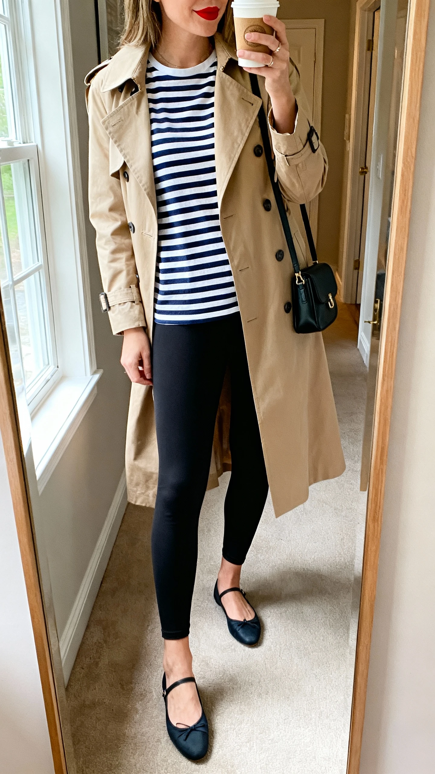 iPhone side-angle mirror selfie of a woman wearing French-girl stripes and trench: navy-and-white striped Breton tee, black leggings, classic beige trench coat, ballet flats, small black shoulder bag, red lip peeking on coffee cup prop (face not visible), entryway mirror, daylight from window, iPhone photo quality